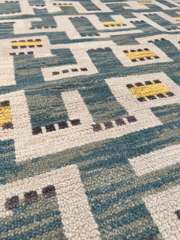 Wool Rug & Kilim’s Scandinavian Style Rug in Blue and Yellow Geometric Pattern For Sale