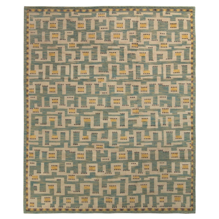 Rug & Kilim’s Scandinavian Style Rug in Blue and Yellow Geometric Pattern For Sale