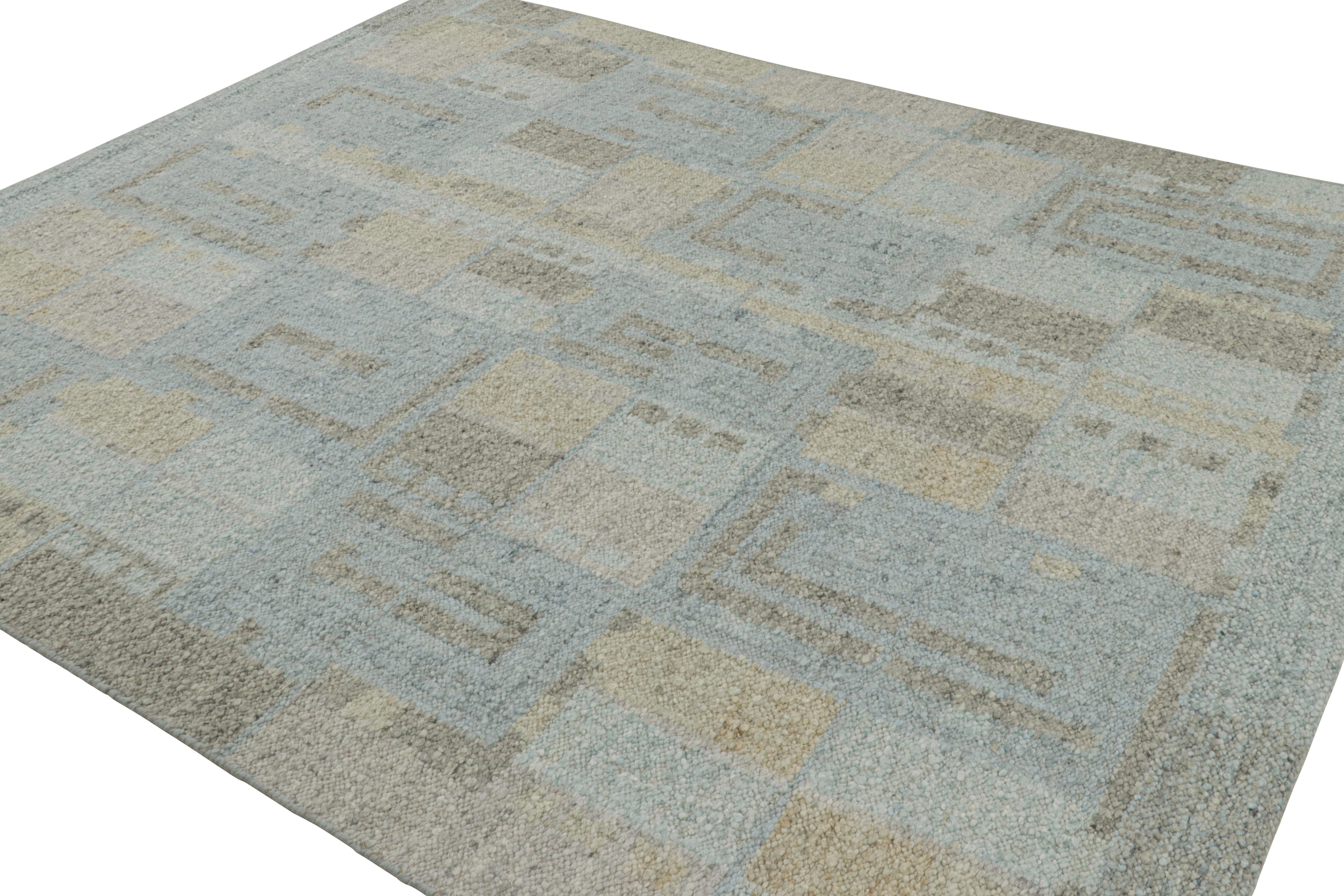 Indian Rug & Kilim’s Scandinavian Style Rug in Blue, Beige and Gray Geometric Patterns For Sale
