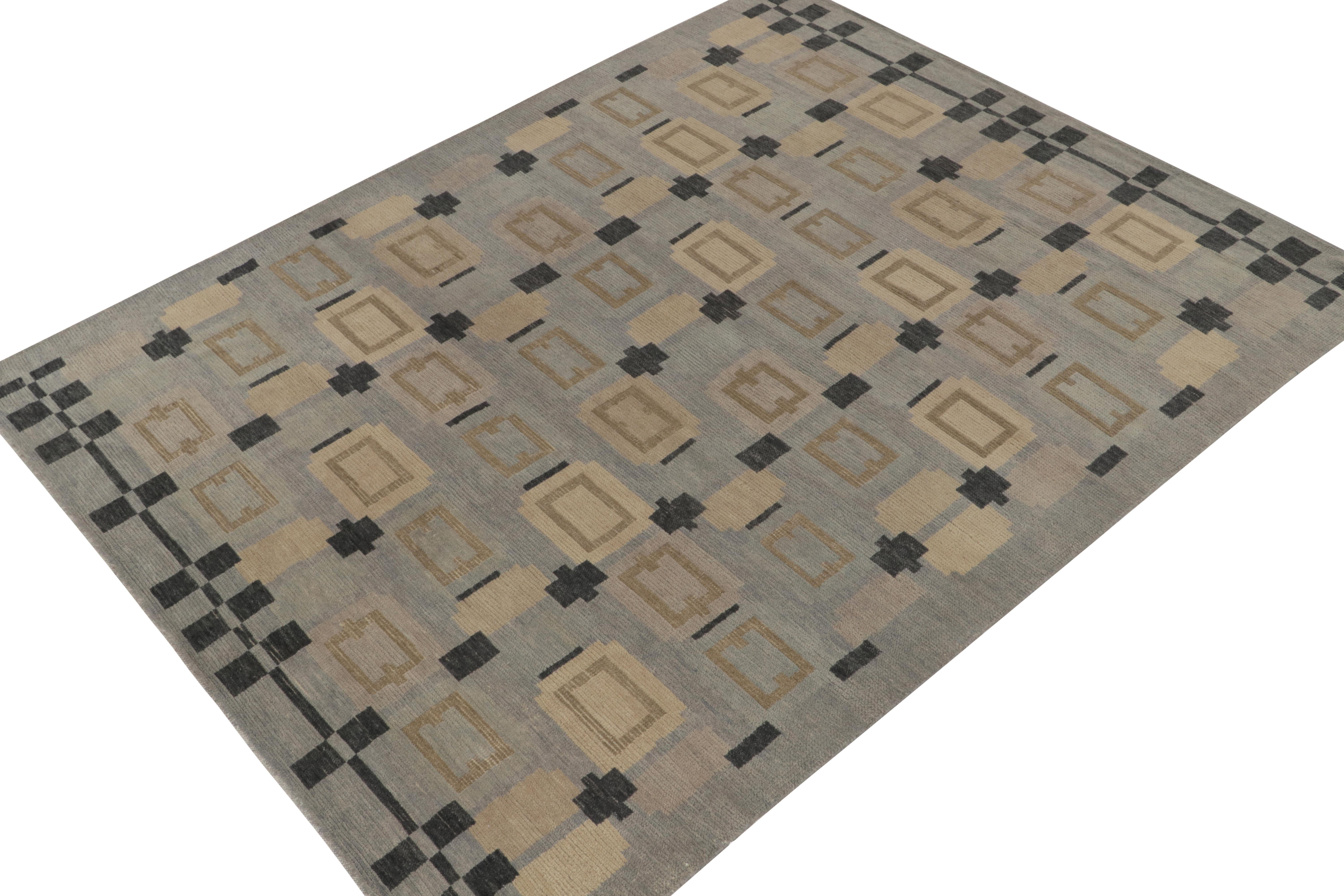 Rug & Kilim’s innovative take on Scandinavian style, from our celebrated finer weave line of the titular award-winning collection. 

On the Design: This 8x10 rug recaptures the finesse of Swedish Deco aesthetics with a smart geometric pattern in