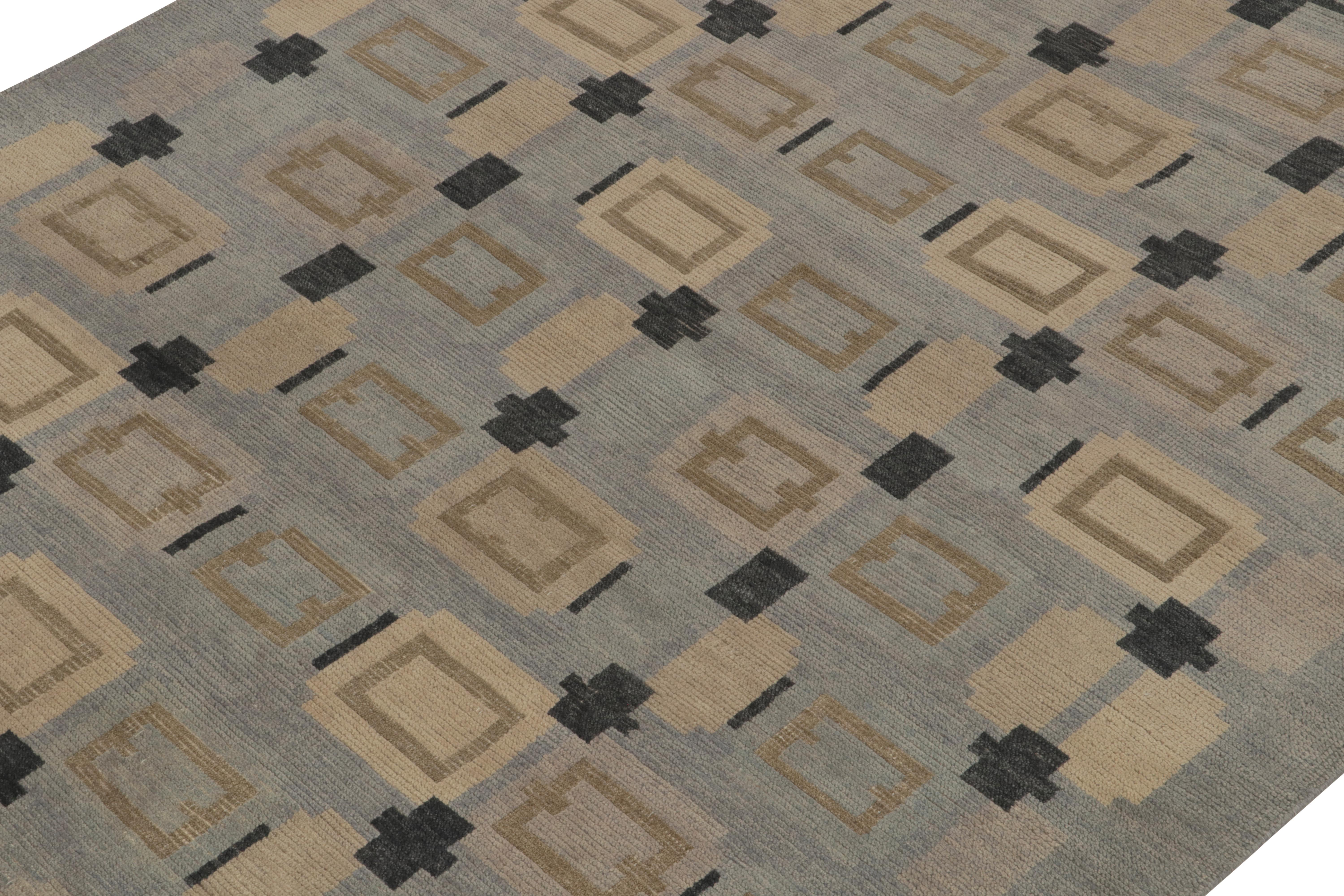Indian Rug & Kilim’s Scandinavian style rug in Blue &  Beige-Brown Geometric Patterns