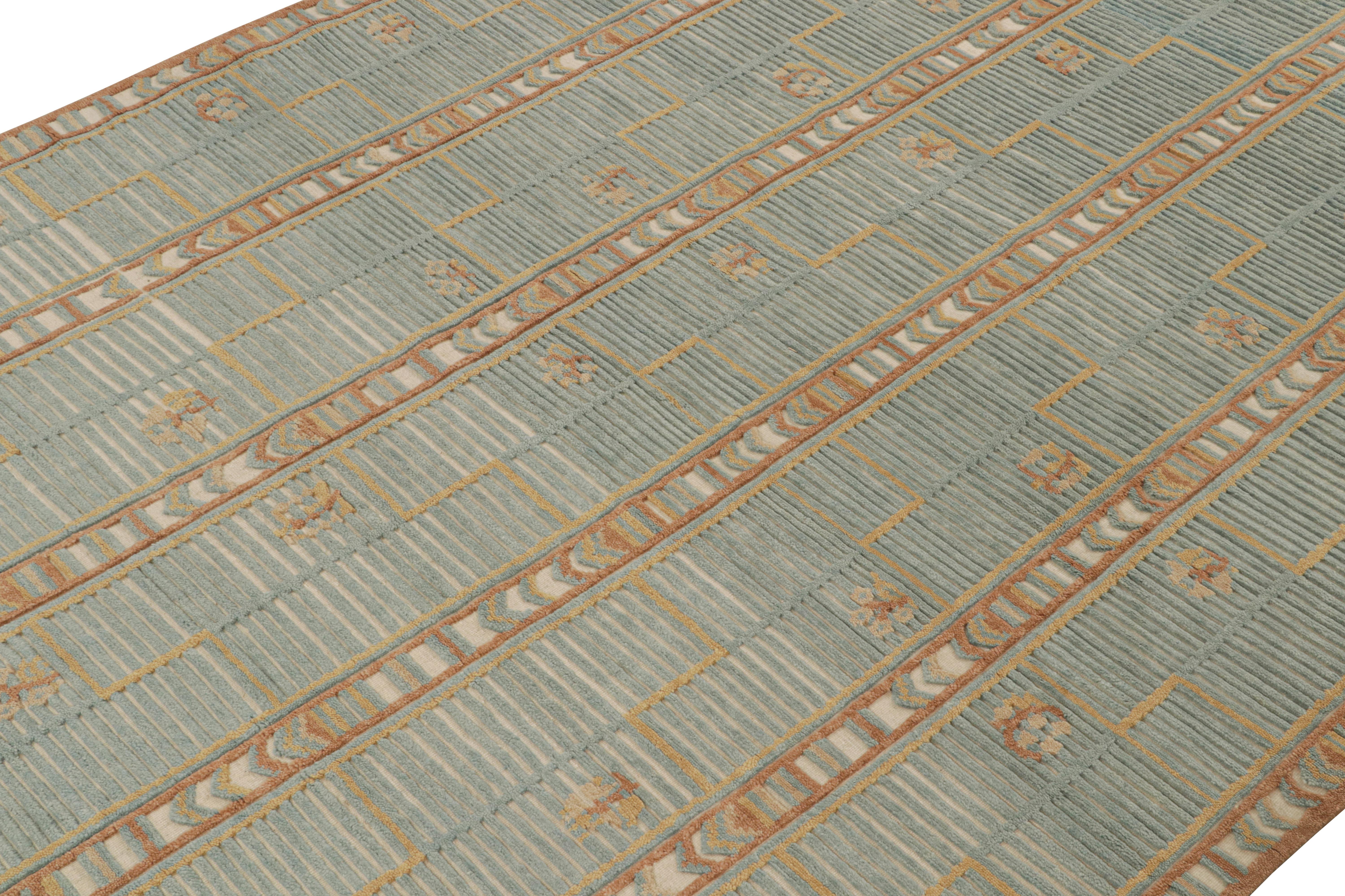 A smart 10x14 Swedish style rug from our award-winning Scandinavian collection. Handknotted in wool. 

On the Design: 

This rug enjoys a subtle high-low texture married to geometric patterns in brown, gold and blue. This proprietary technique