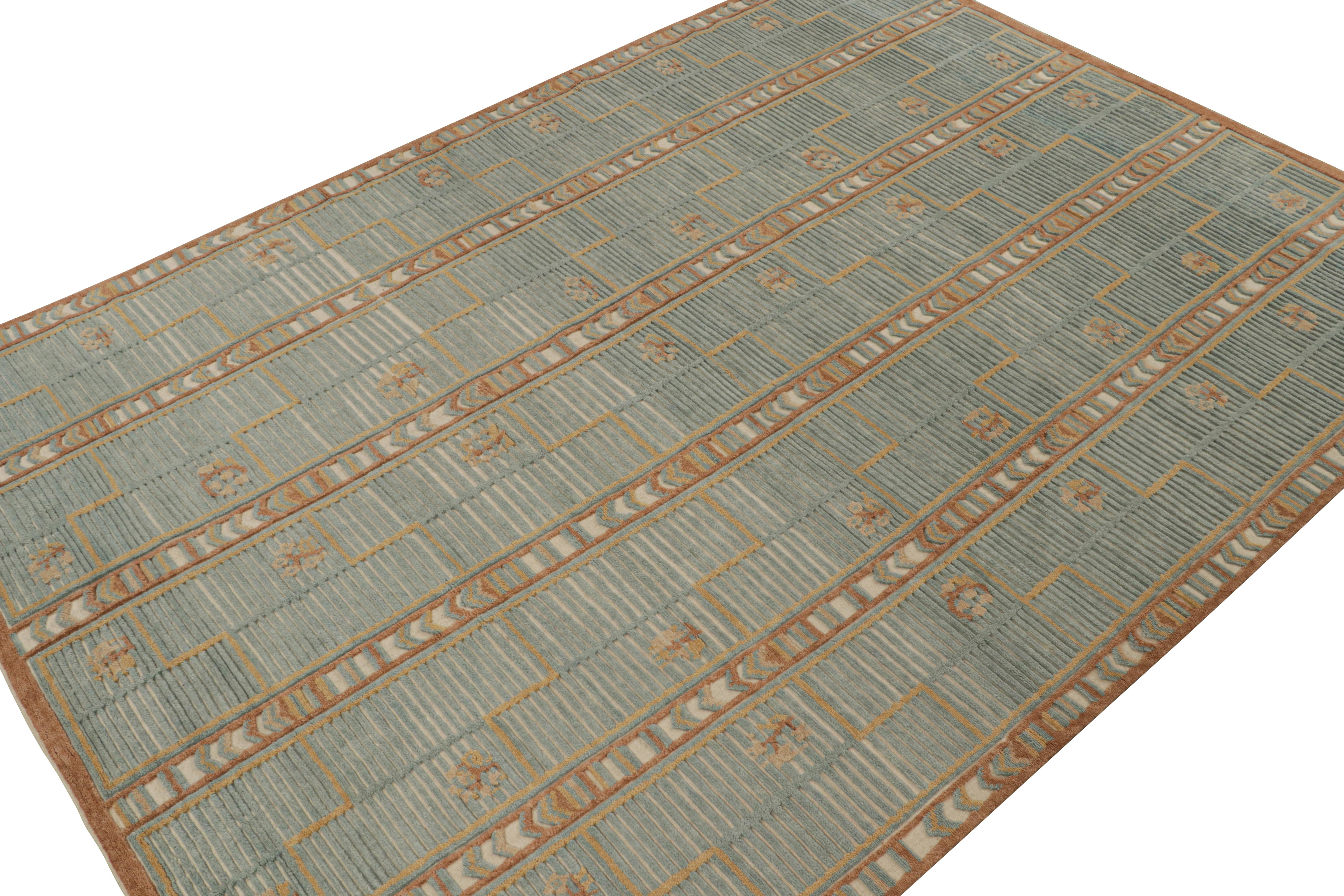 Indian Rug & Kilim’s Scandinavian Style Rug in Blue, Brown & Gold Geometric Pattern For Sale