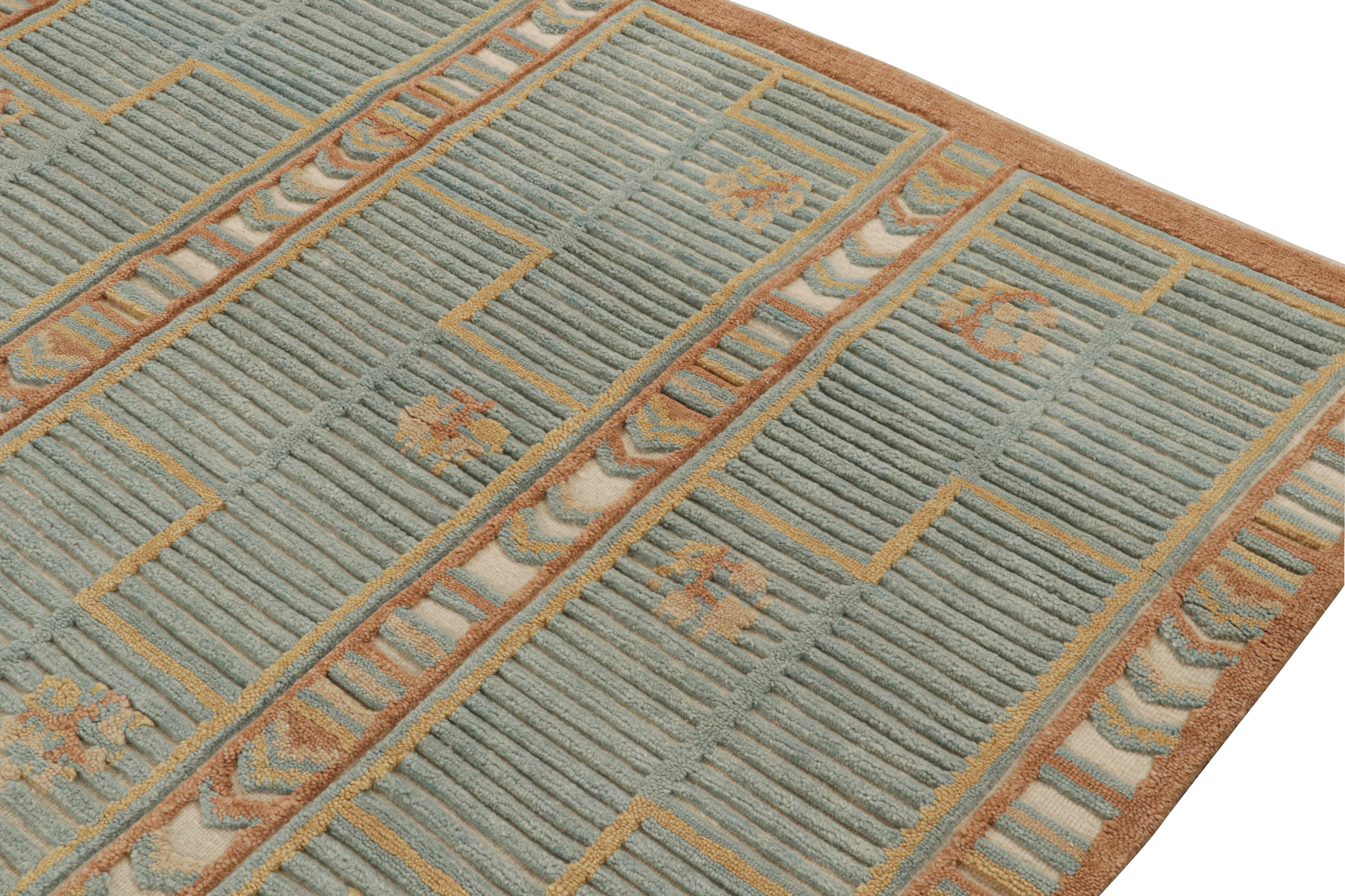 Hand-Knotted Rug & Kilim’s Scandinavian Style Rug in Blue, Brown & Gold Geometric Pattern For Sale