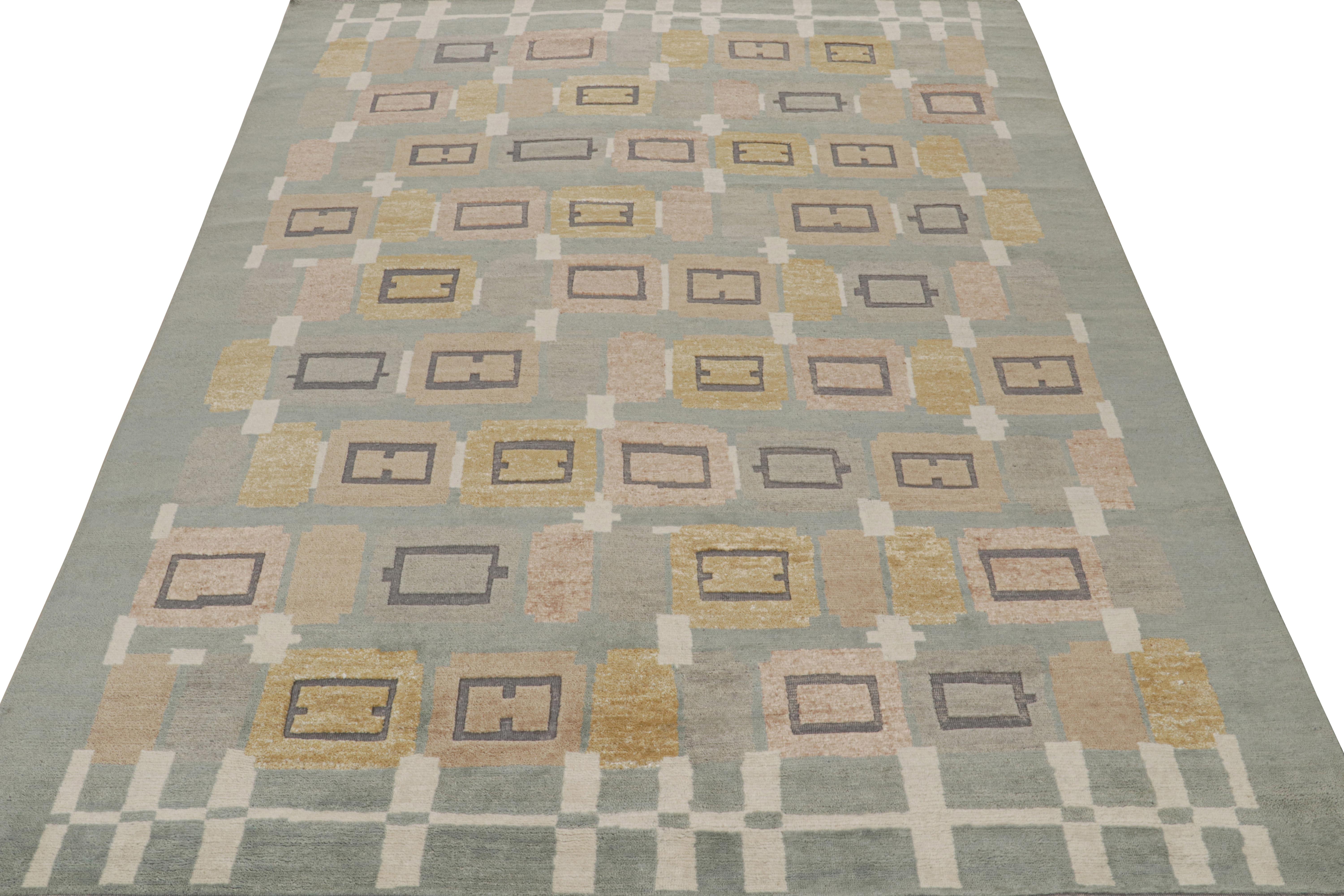 Modern Rug & Kilim’s Scandinavian Style Rug in Blue, Brown, Gold & Gray Patterns For Sale