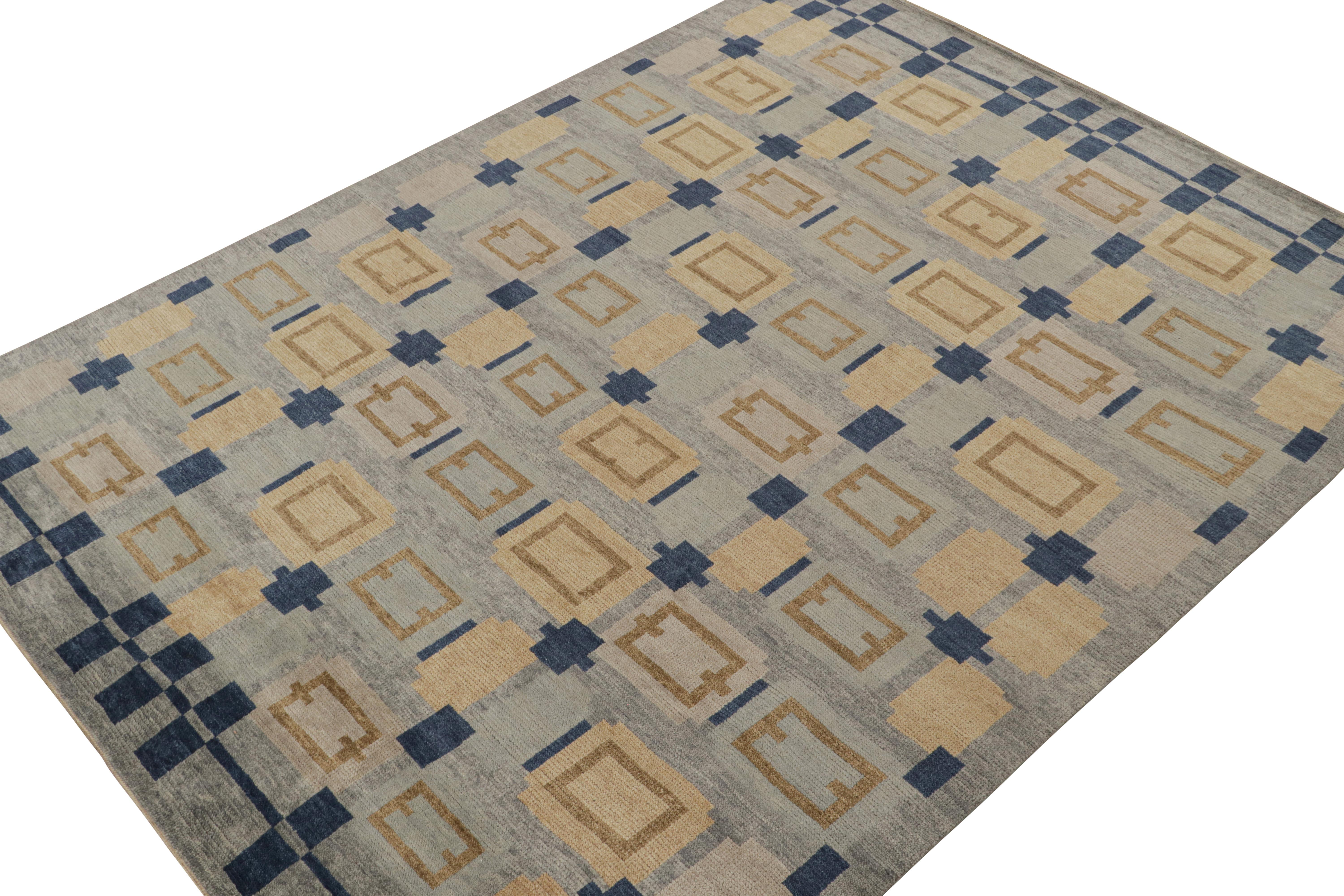 A smart 9x12 Swedish style rug from our award-winning Scandinavian collection. Handknotted in wool.

On the Design: 

This rug enjoys geometric patterns in blue, brown & gray. Keen eyes will admire undyed, natural yarns interwoven for a look of