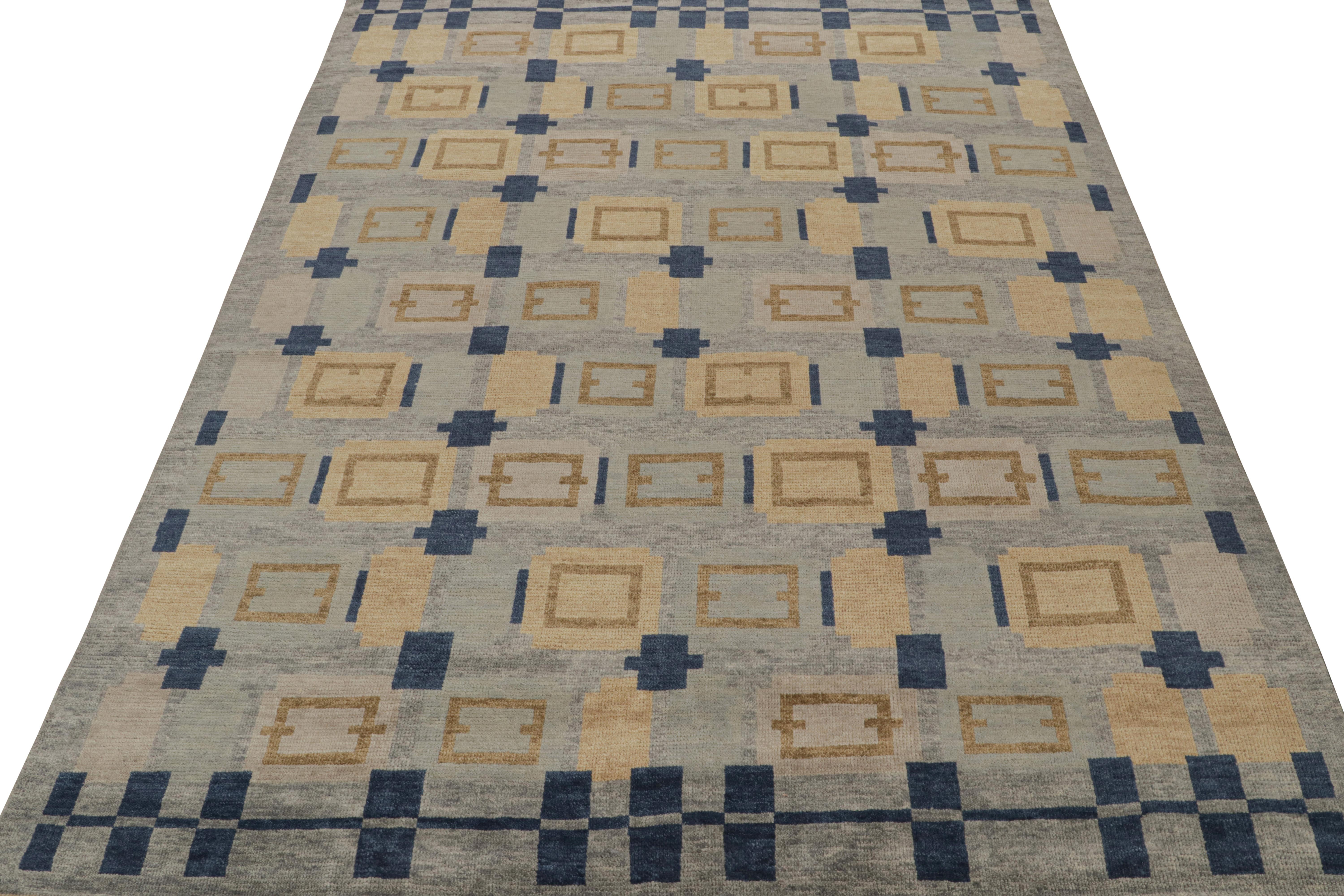 Modern Rug & Kilim’s Scandinavian Style Rug in Blue, Brown & Gray Geometric Patterns For Sale
