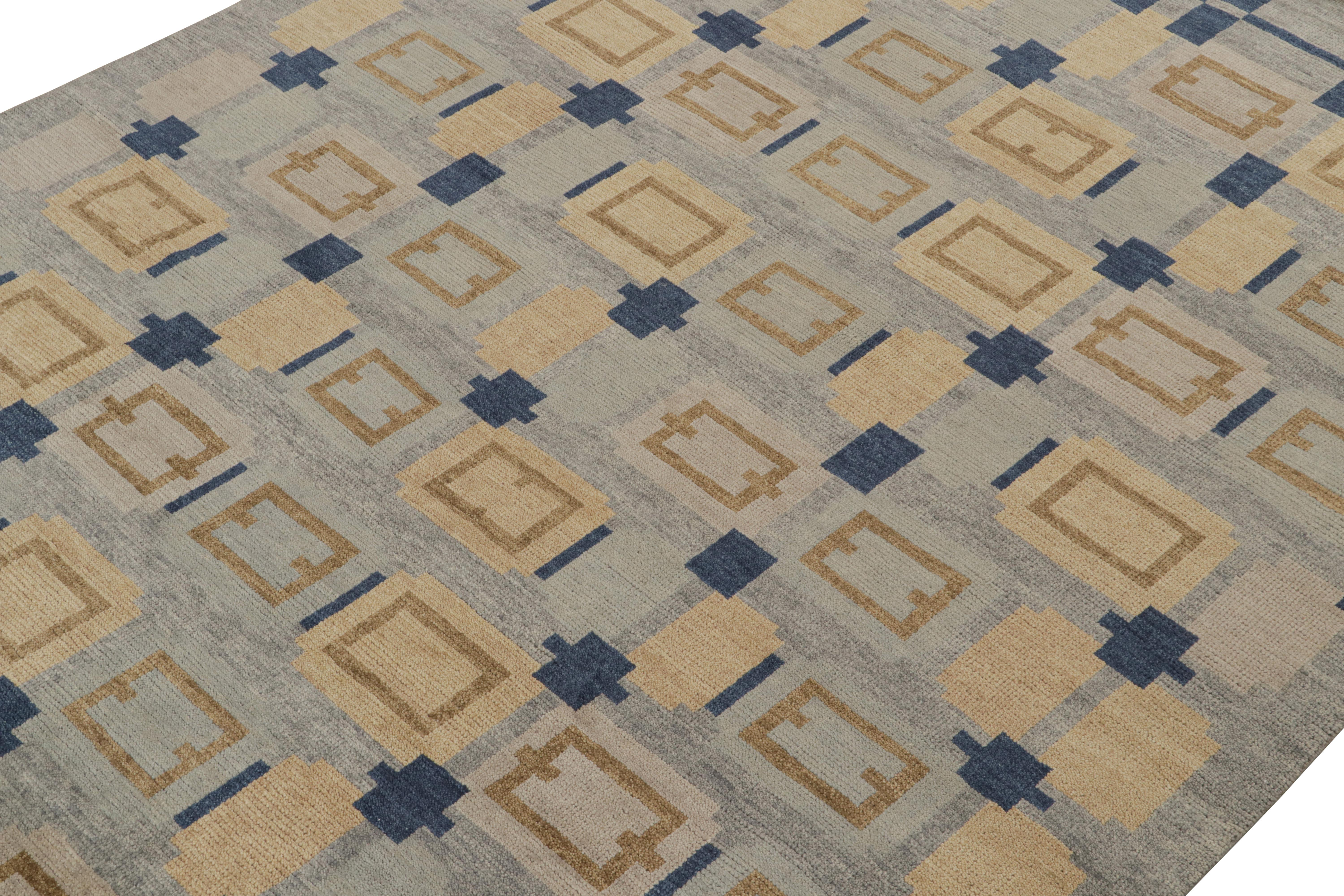 Indian Rug & Kilim’s Scandinavian Style Rug in Blue, Brown & Gray Geometric Patterns For Sale