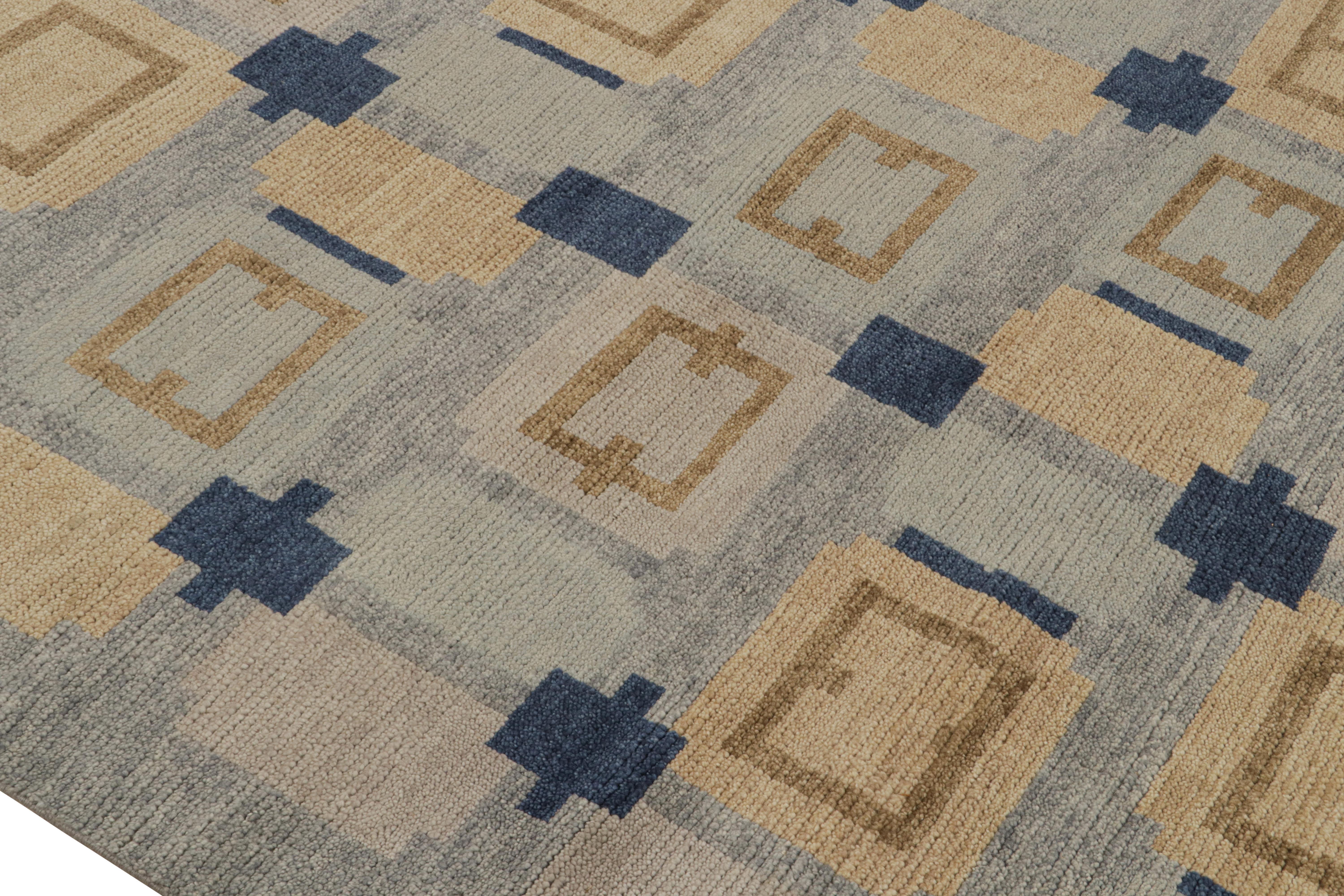 Hand-Knotted Rug & Kilim’s Scandinavian Style Rug in Blue, Brown & Gray Geometric Patterns For Sale