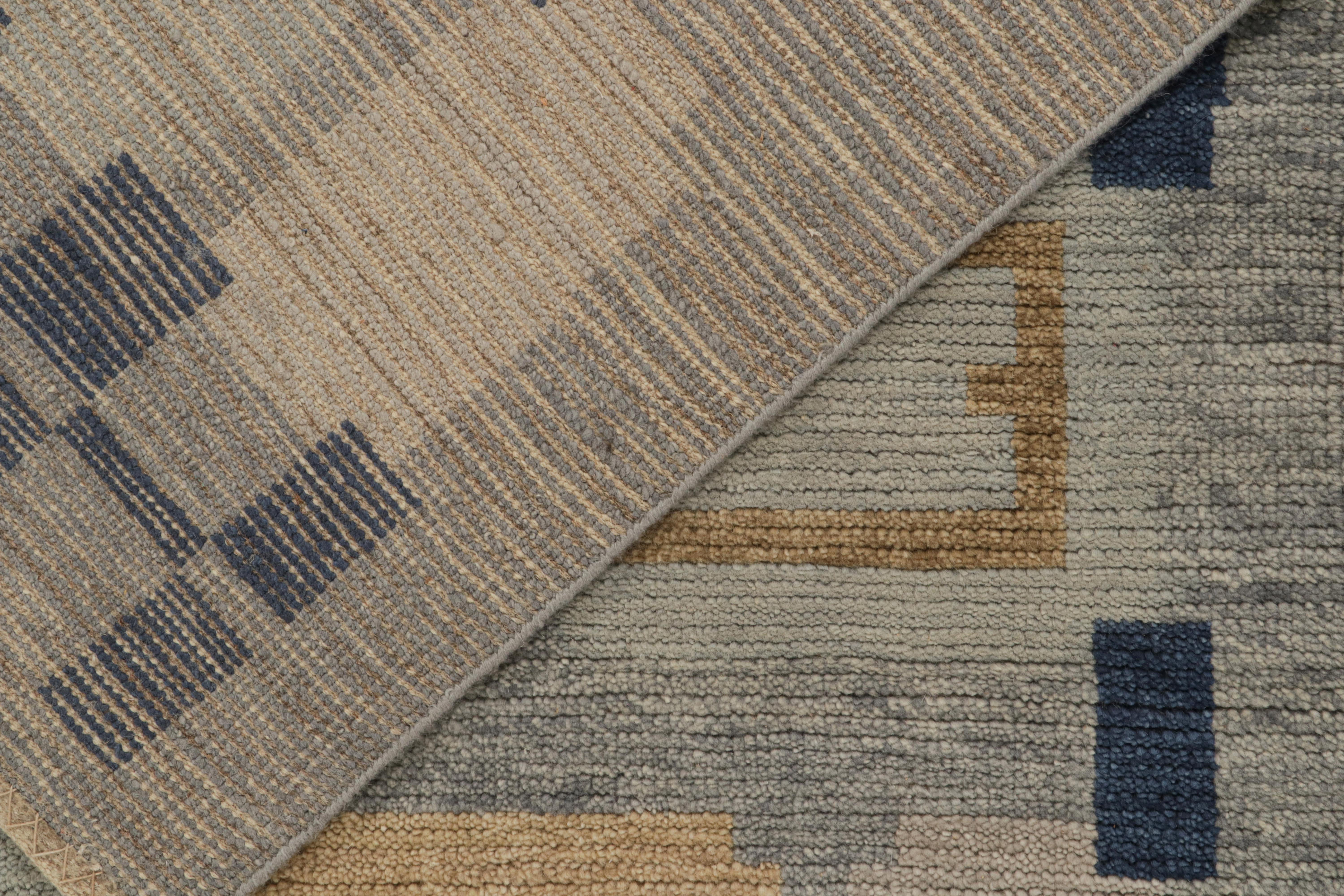 Contemporary Rug & Kilim’s Scandinavian Style Rug in Blue, Brown & Gray Geometric Patterns For Sale