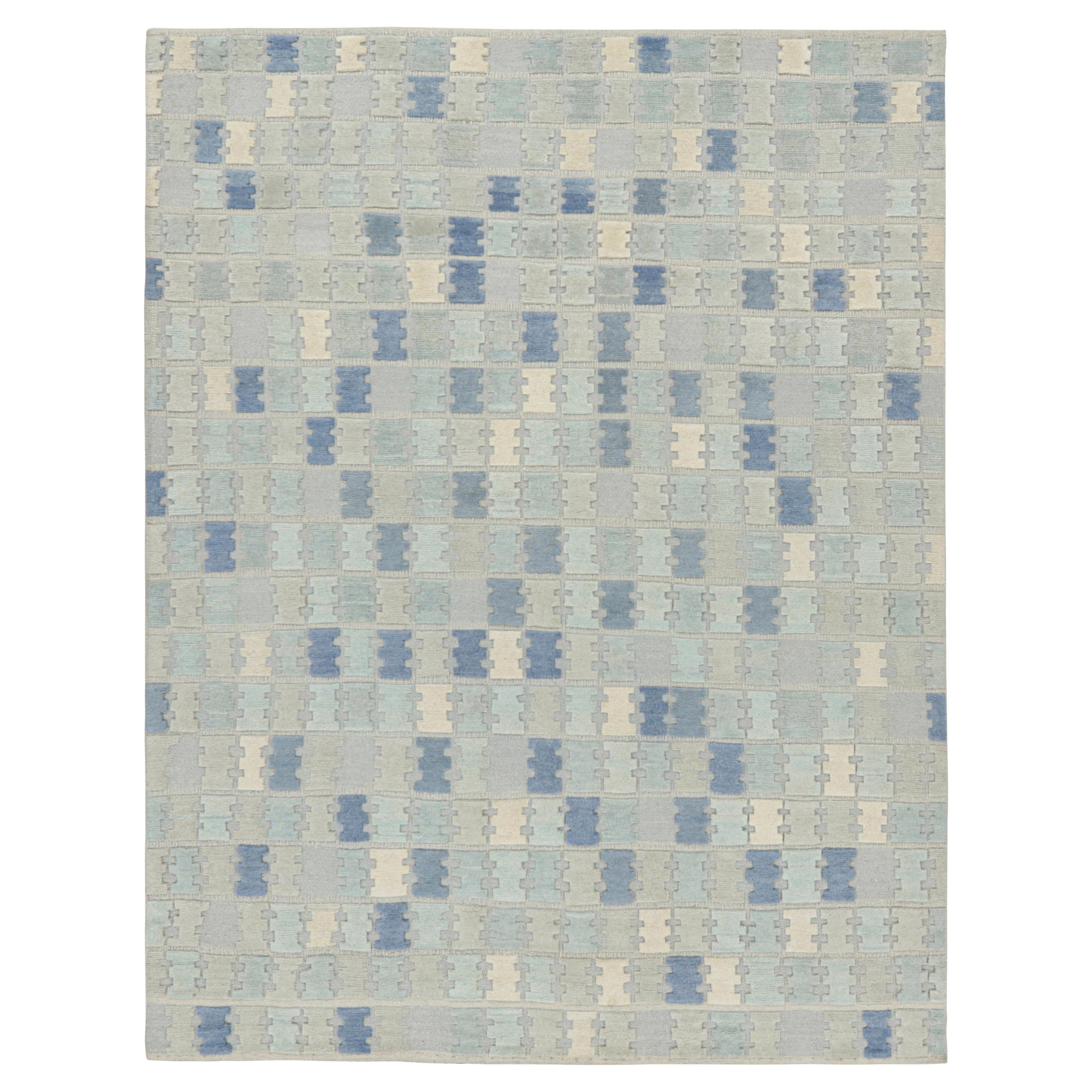 Rug
Kilim
s Teppich im skandinavischen Stil in Blau, Creme und Grau mit geometrischen Mustern