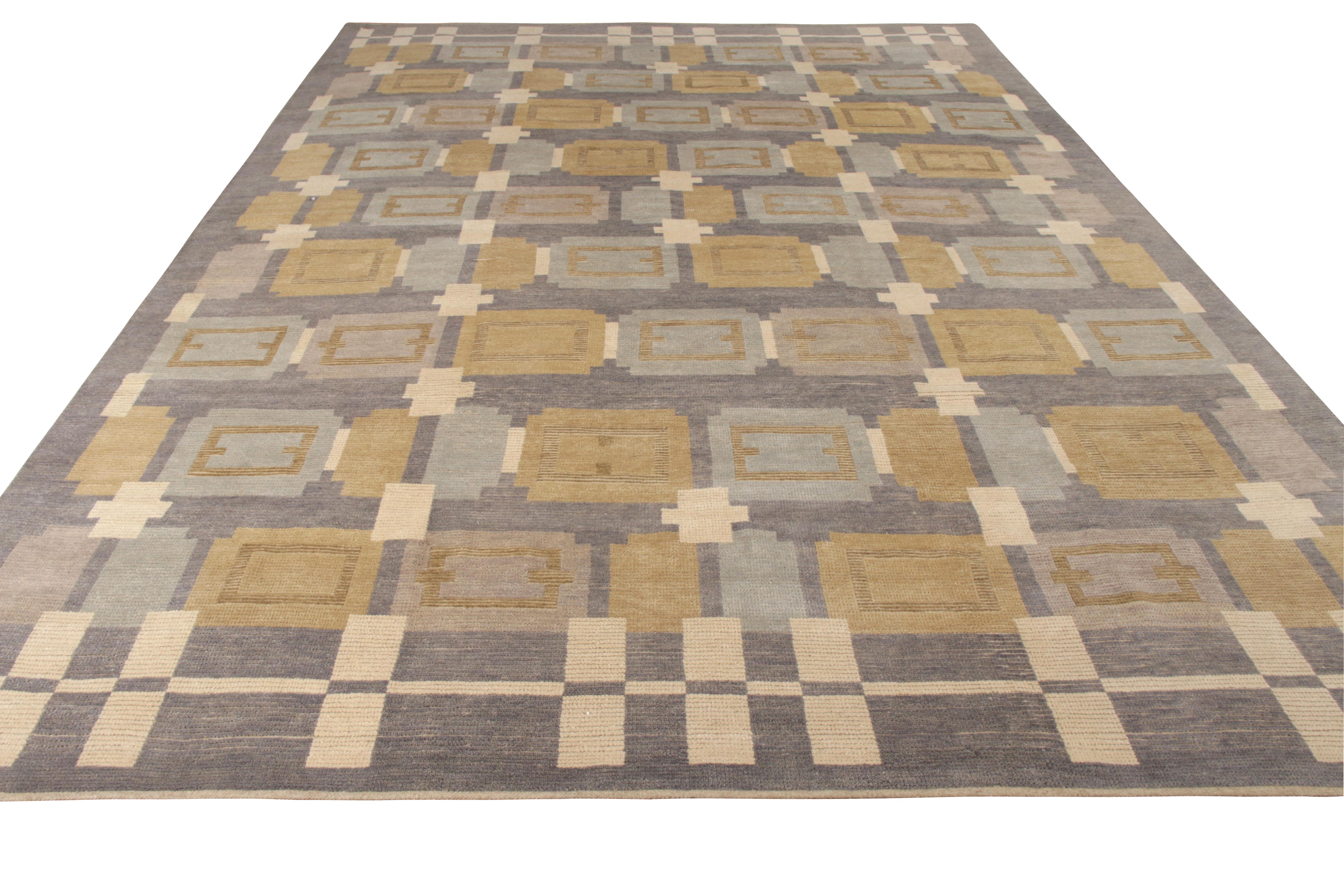 A 10 x 14 addition to the Scandinavian Collection by Rug & Kilim, recapturing acclaimed mid-century styles in new, dynamic form. Hand knotted in wool, exploring high-low texture married with the geometric pattern in smart blue-gray and beige-brown