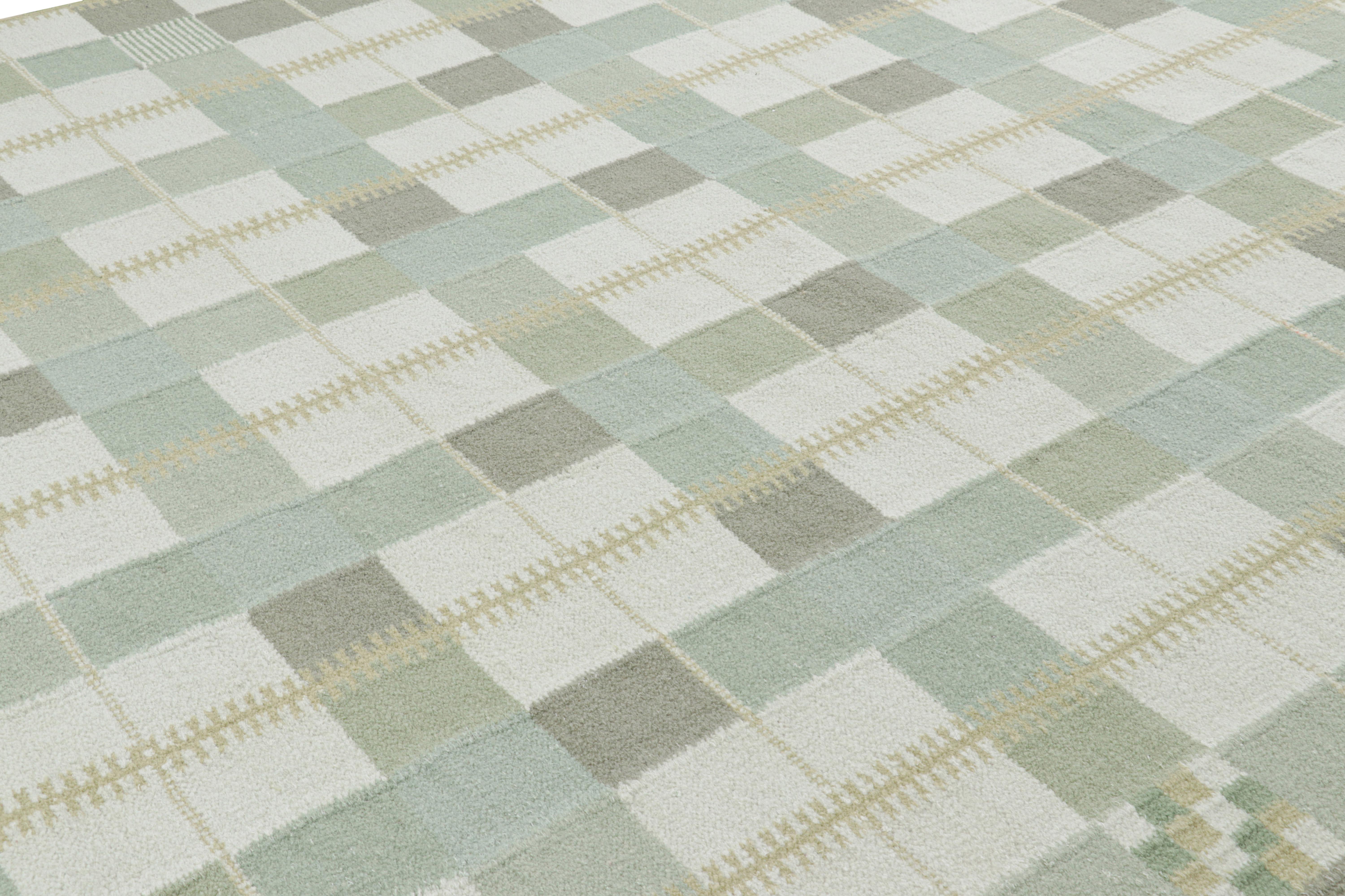 Dieser 10x14 große Teppich aus der Scandinavian Collection'S von Rug & Kilim ist in einer neuen Flachgewebekonstruktion handgewebt, bei der eine Mischung aus Wolle und exotischen Garnen verwendet wird - eine weiche neue Textur, die von Alpakagarnen