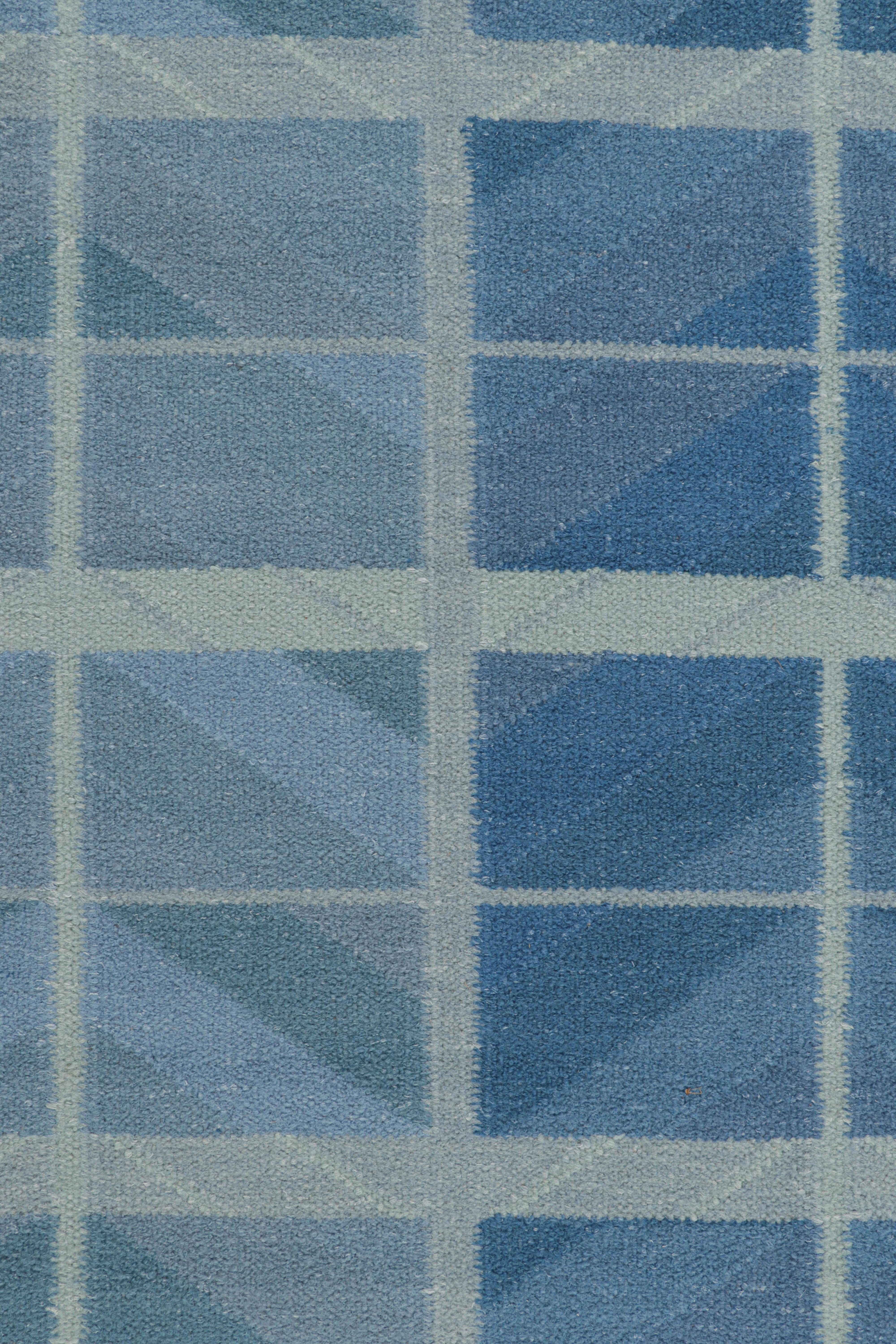 Modern Rug & Kilim’s Scandinavian Style Rug in Blue Tones with Geometric Patterns For Sale