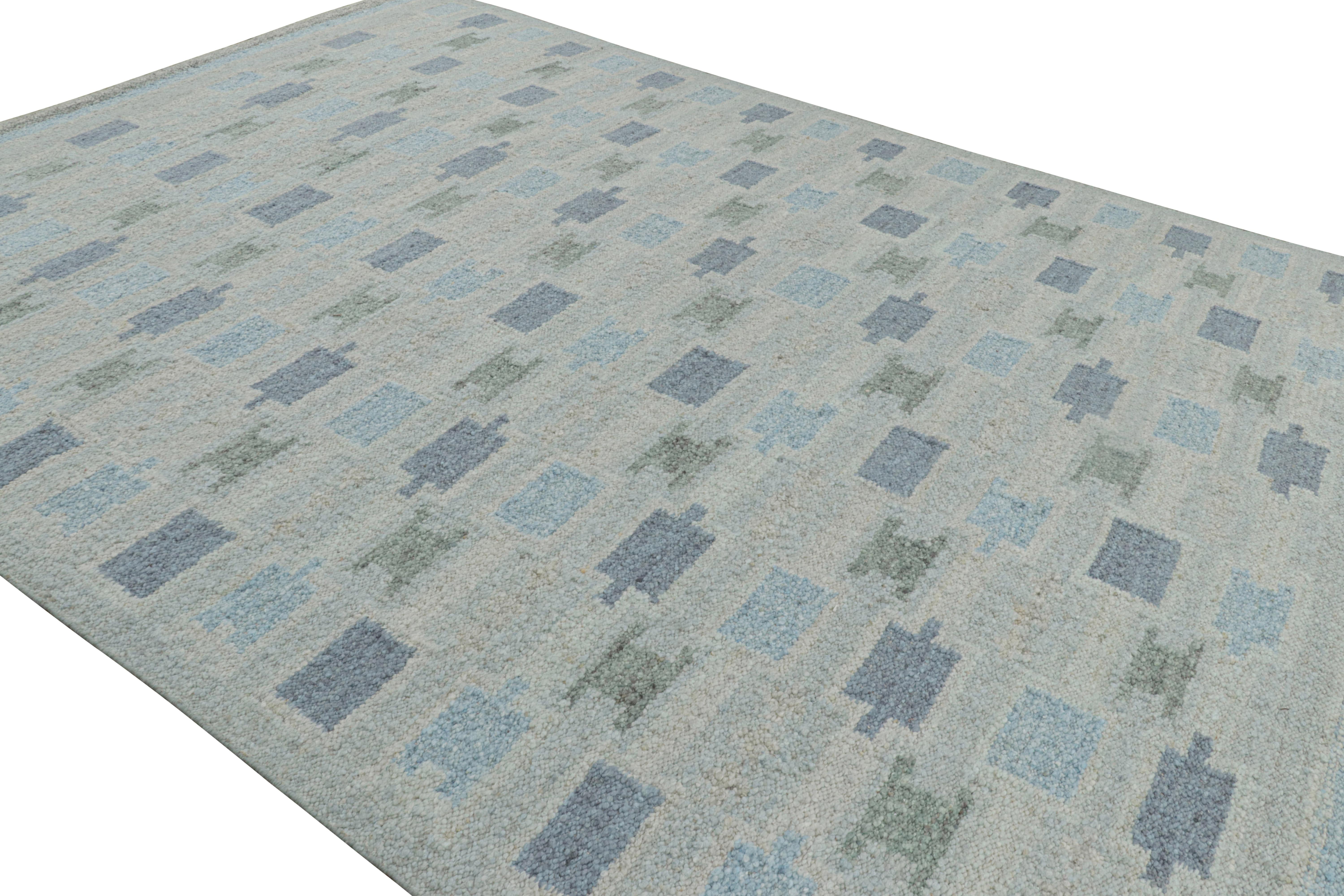 Indian Rug & Kilim’s Scandinavian Style Rug in Blue Tones with Geometric Patterns For Sale