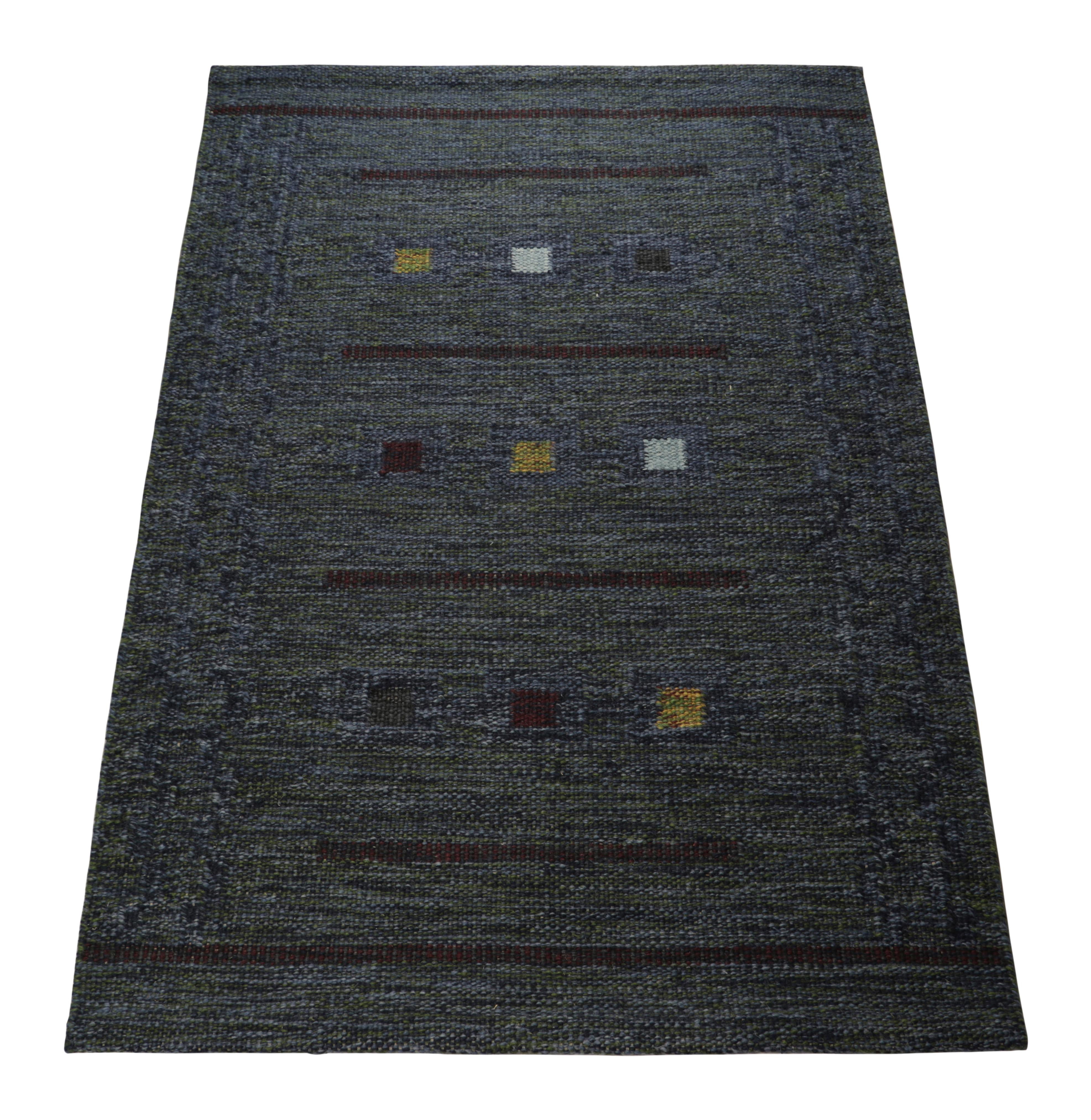 Indian Rug & Kilim’s Scandinavian Style Rug in Blue Tones, with Geometric Patterns For Sale