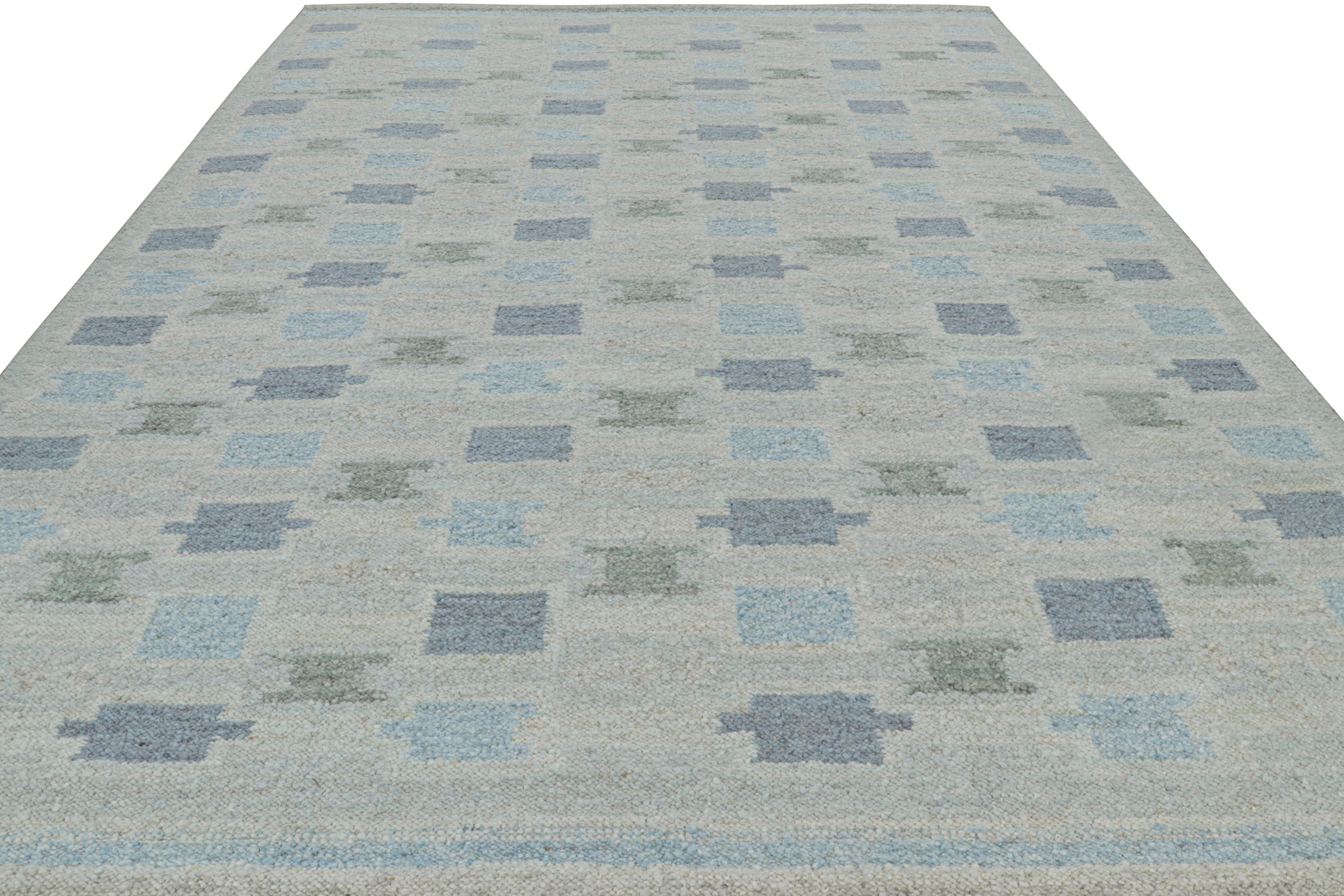 Hand-Woven Rug & Kilim’s Scandinavian Style Rug in Blue Tones with Geometric Patterns For Sale