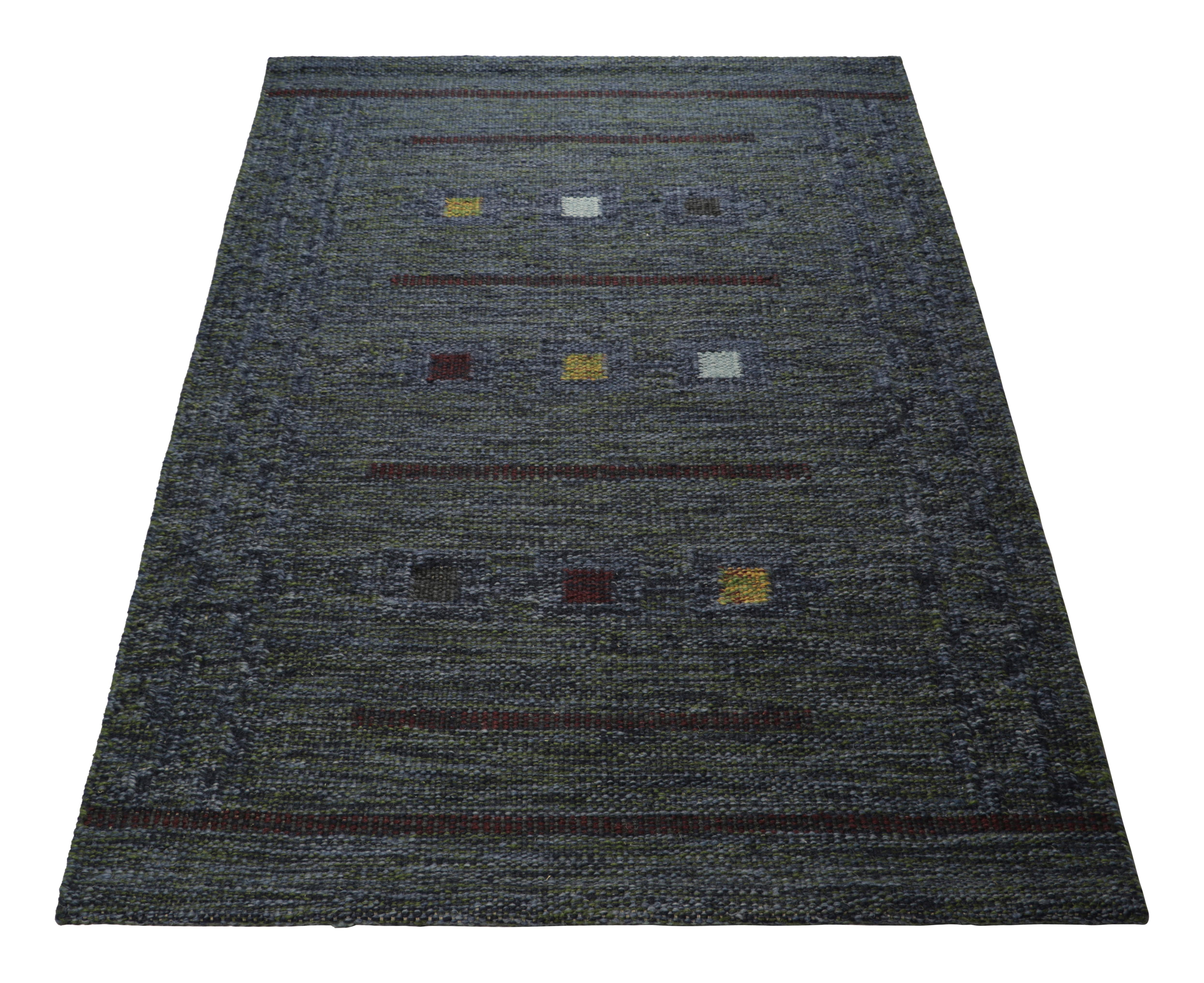 Hand-Woven Rug & Kilim’s Scandinavian Style Rug in Blue Tones, with Geometric Patterns For Sale