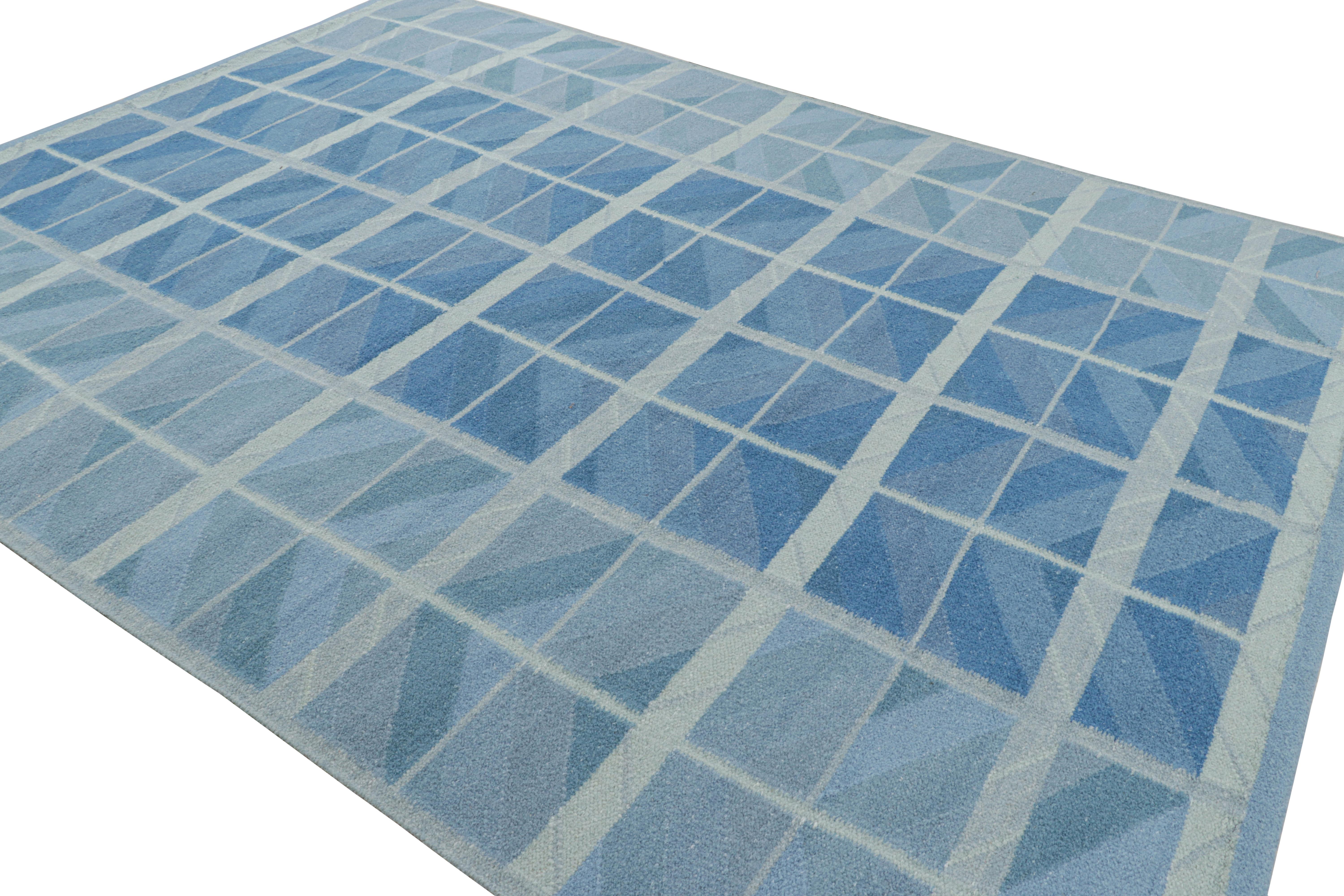 Hand-Woven Rug & Kilim’s Scandinavian Style Rug in Blue Tones with Geometric Patterns For Sale