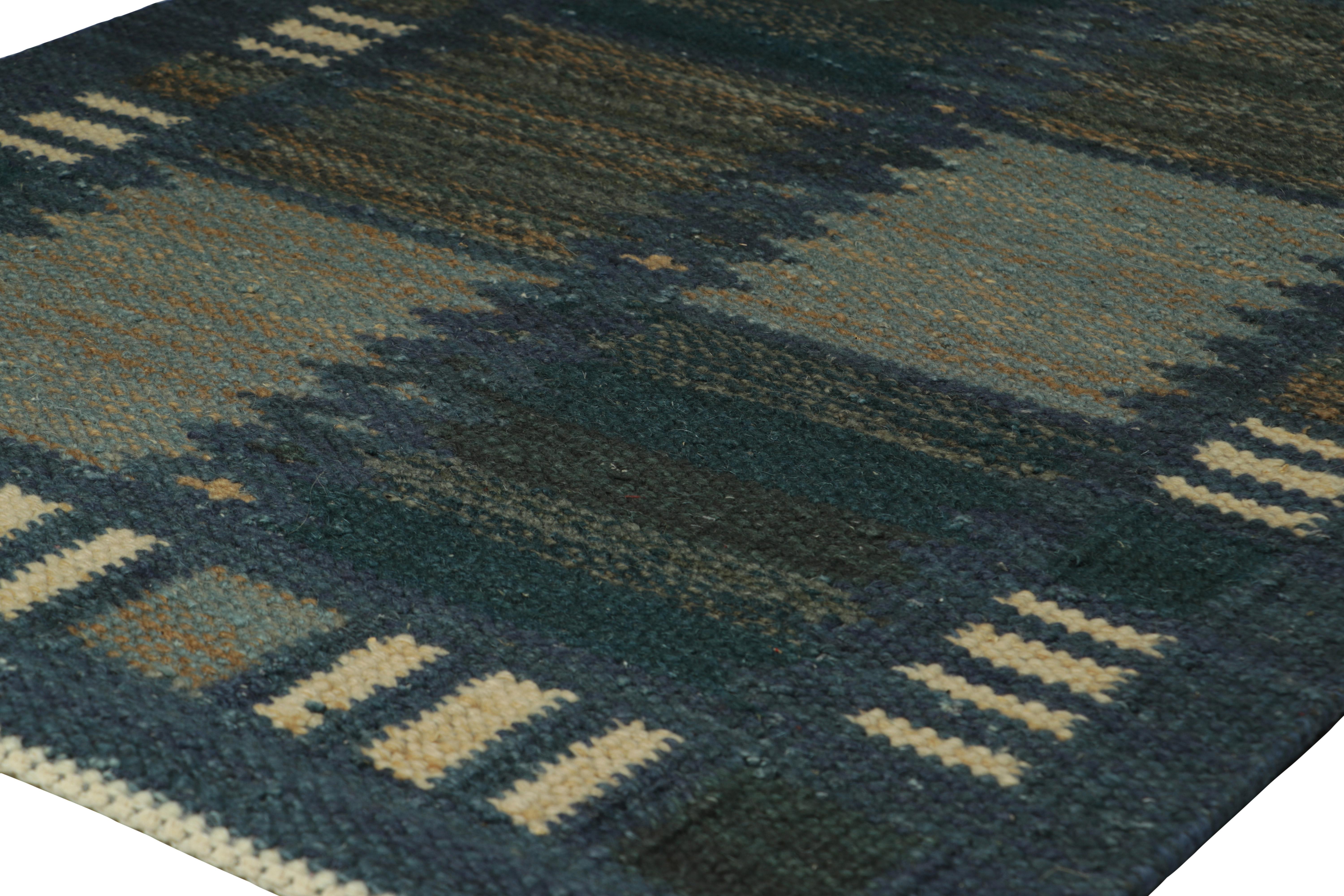 Modern Rug & Kilim’s Scandinavian Style Rug in Blue Tones, with Geometric Stripes For Sale