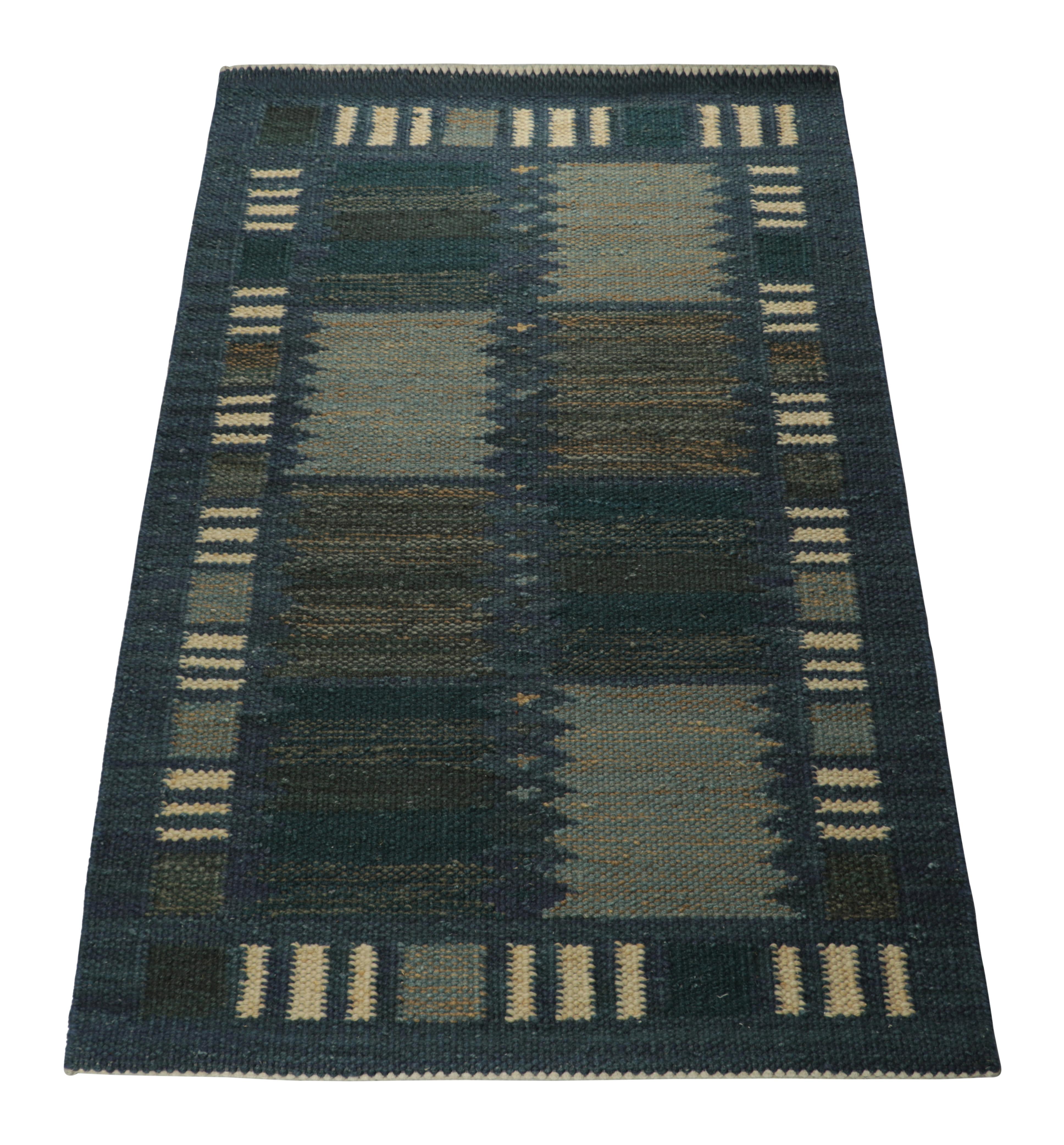 Indian Rug & Kilim’s Scandinavian Style Rug in Blue Tones, with Geometric Stripes For Sale