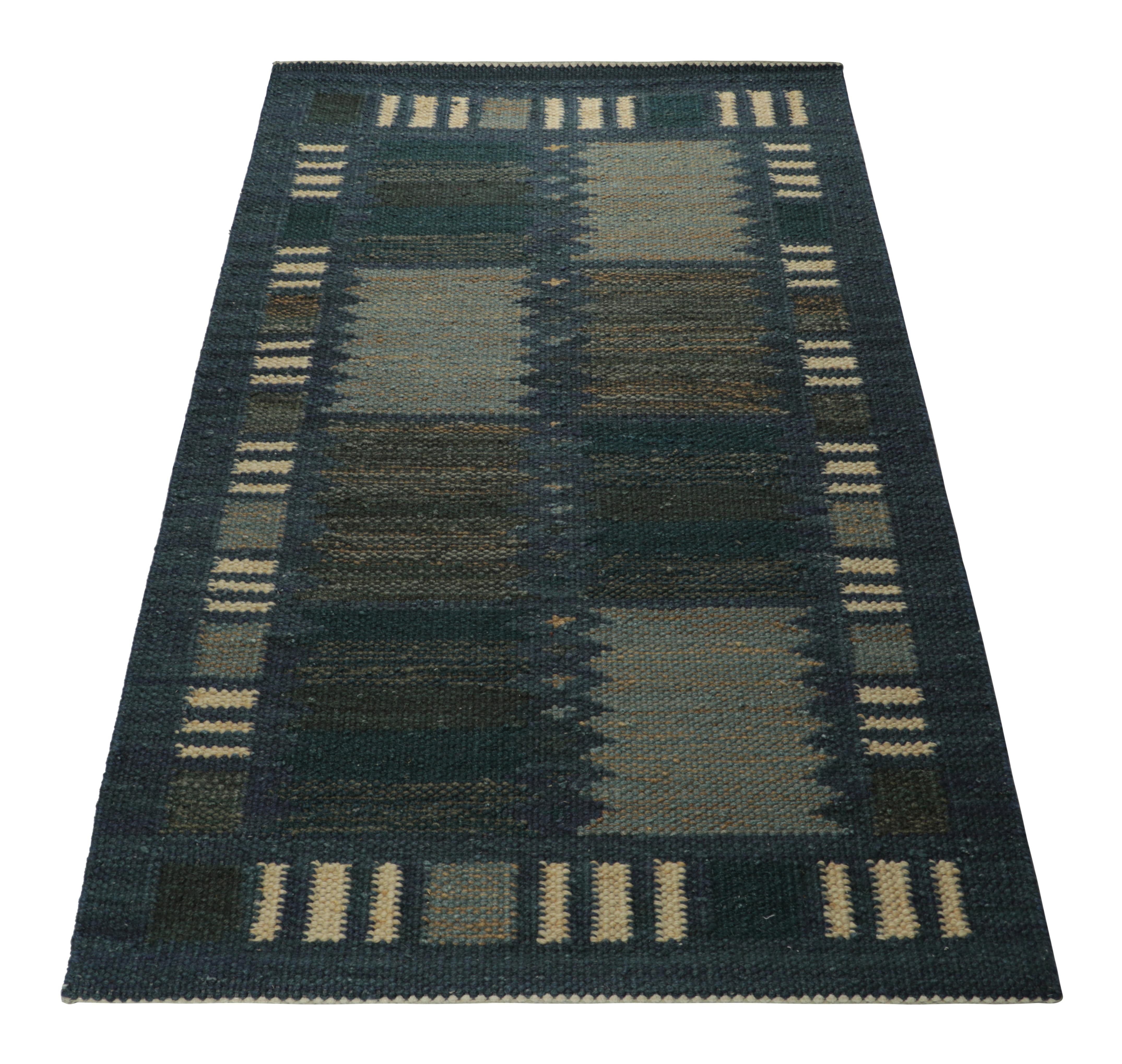 Hand-Woven Rug & Kilim’s Scandinavian Style Rug in Blue Tones, with Geometric Stripes For Sale