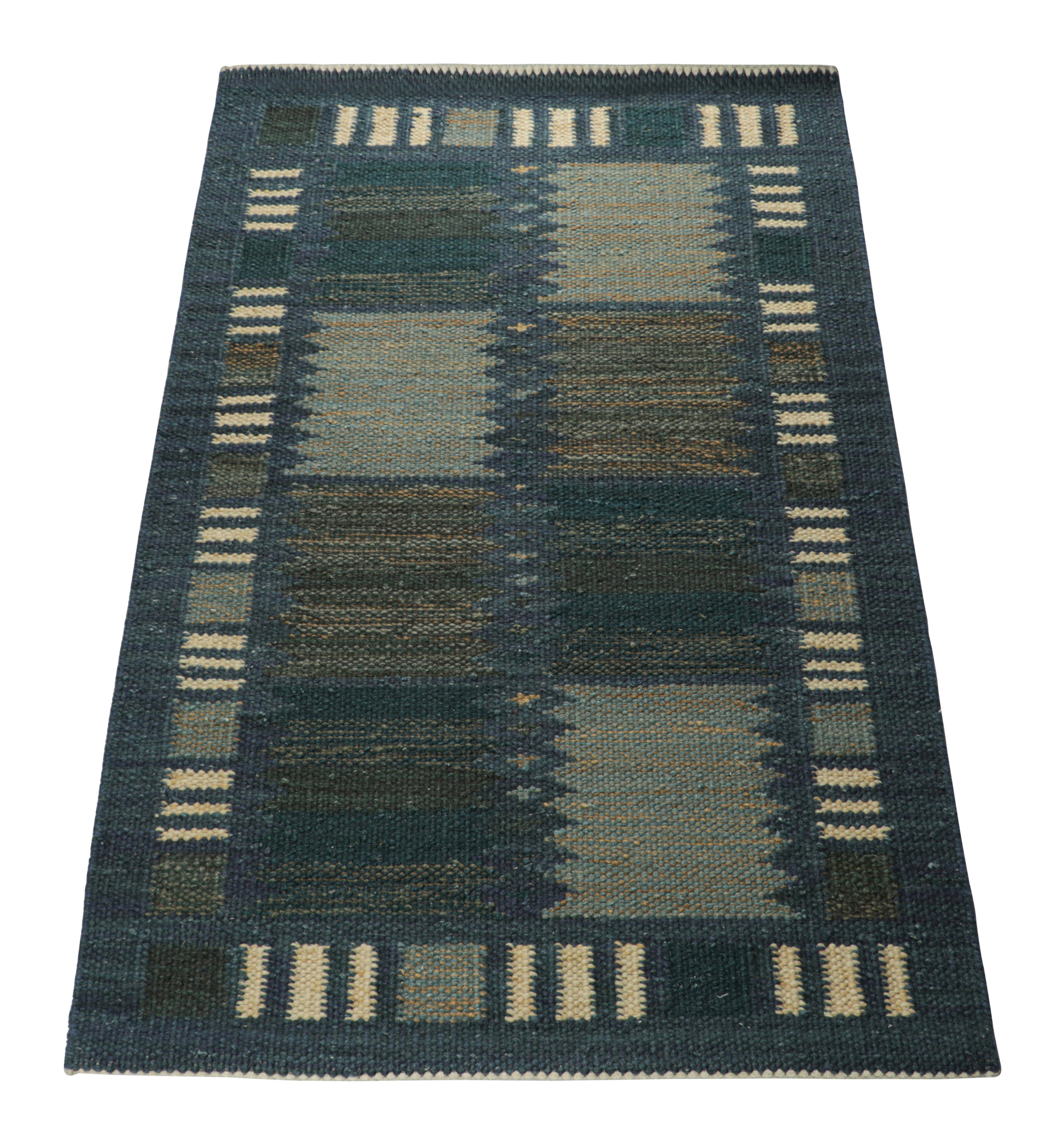 Indian Rug & Kilim’s Scandinavian Style Rug in Blue Tones, with Geometric Stripes For Sale