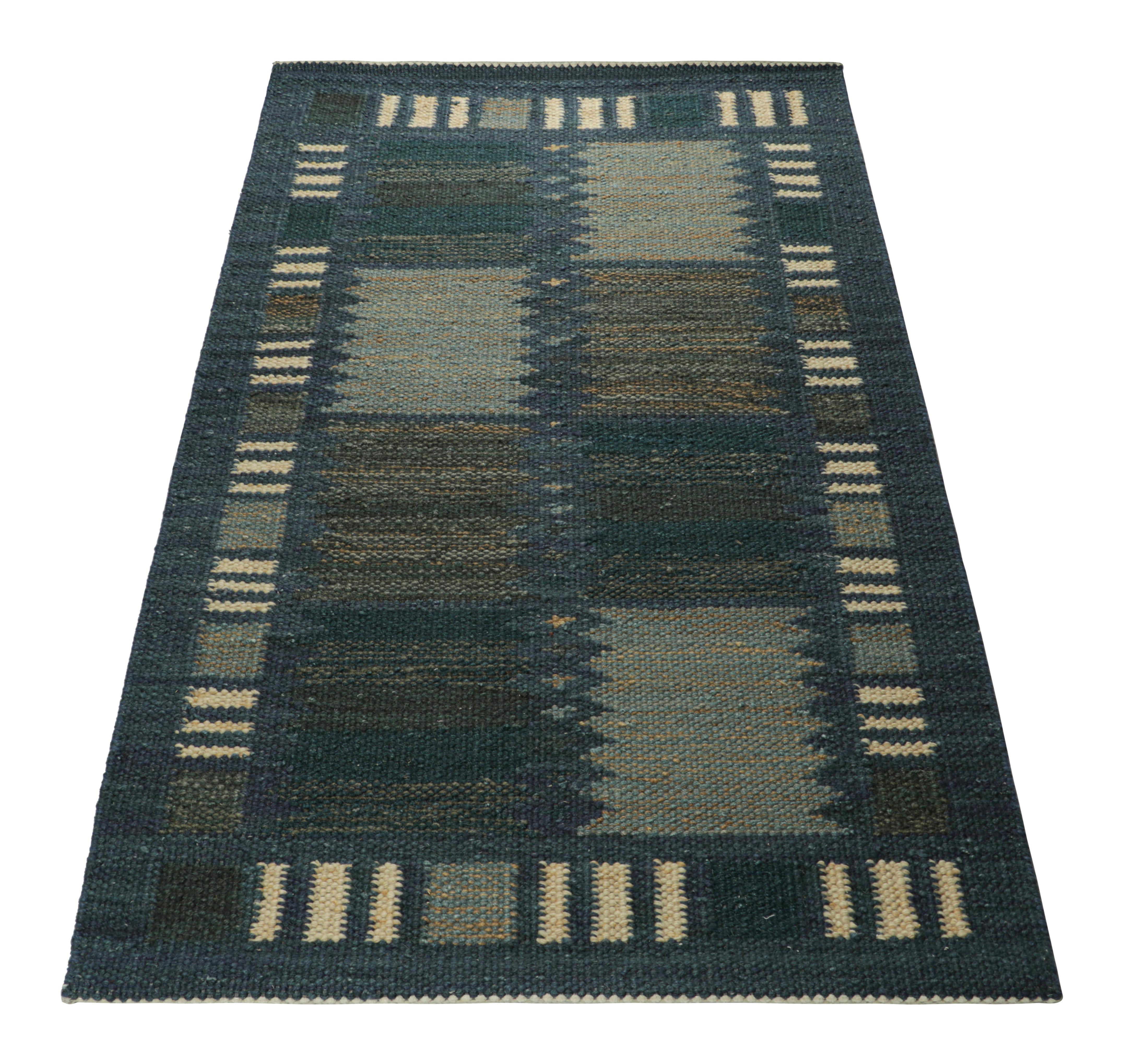 Hand-Woven Rug & Kilim’s Scandinavian Style Rug in Blue Tones, with Geometric Stripes For Sale