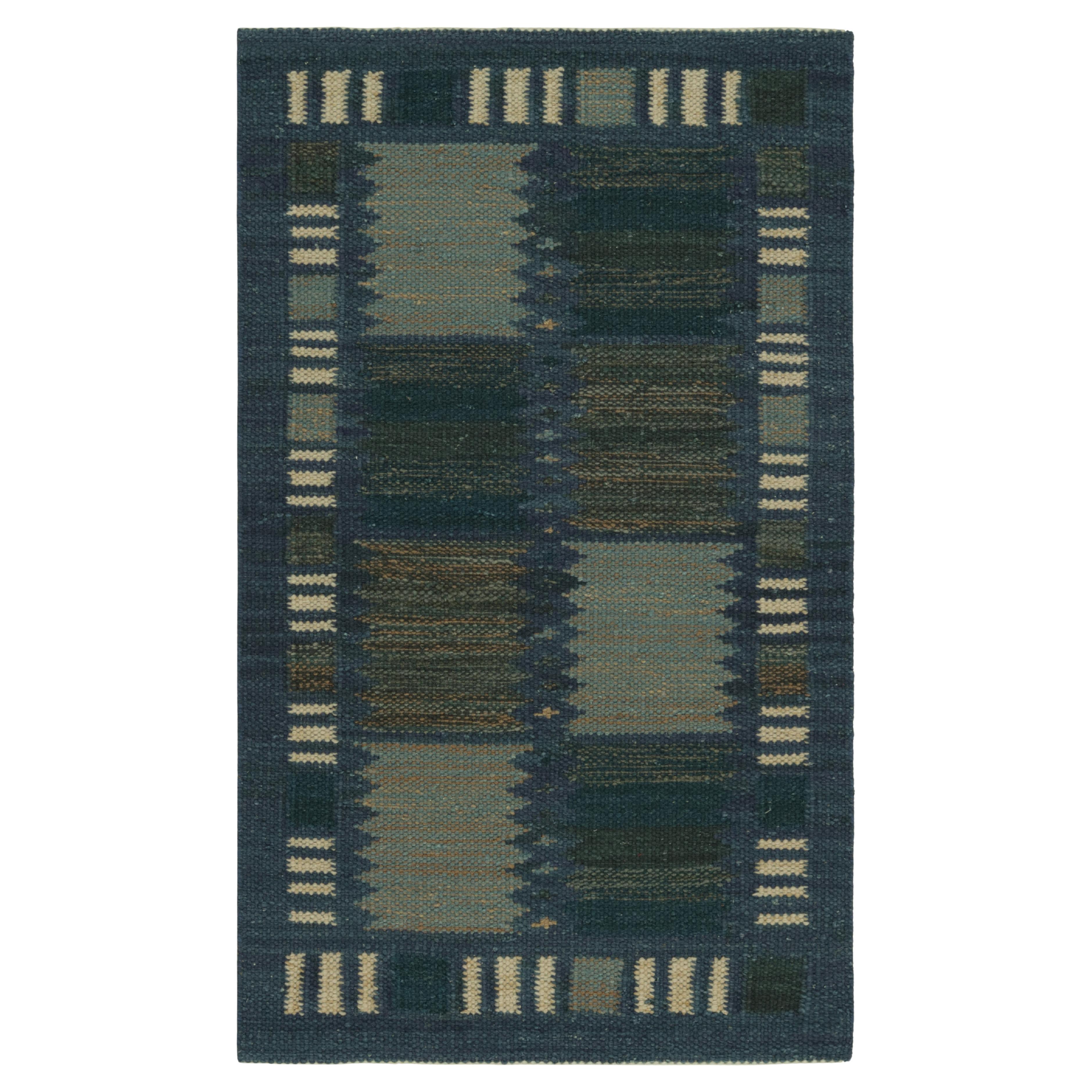 Rug & Kilim’s Scandinavian Style Rug in Blue Tones, with Geometric Stripes For Sale