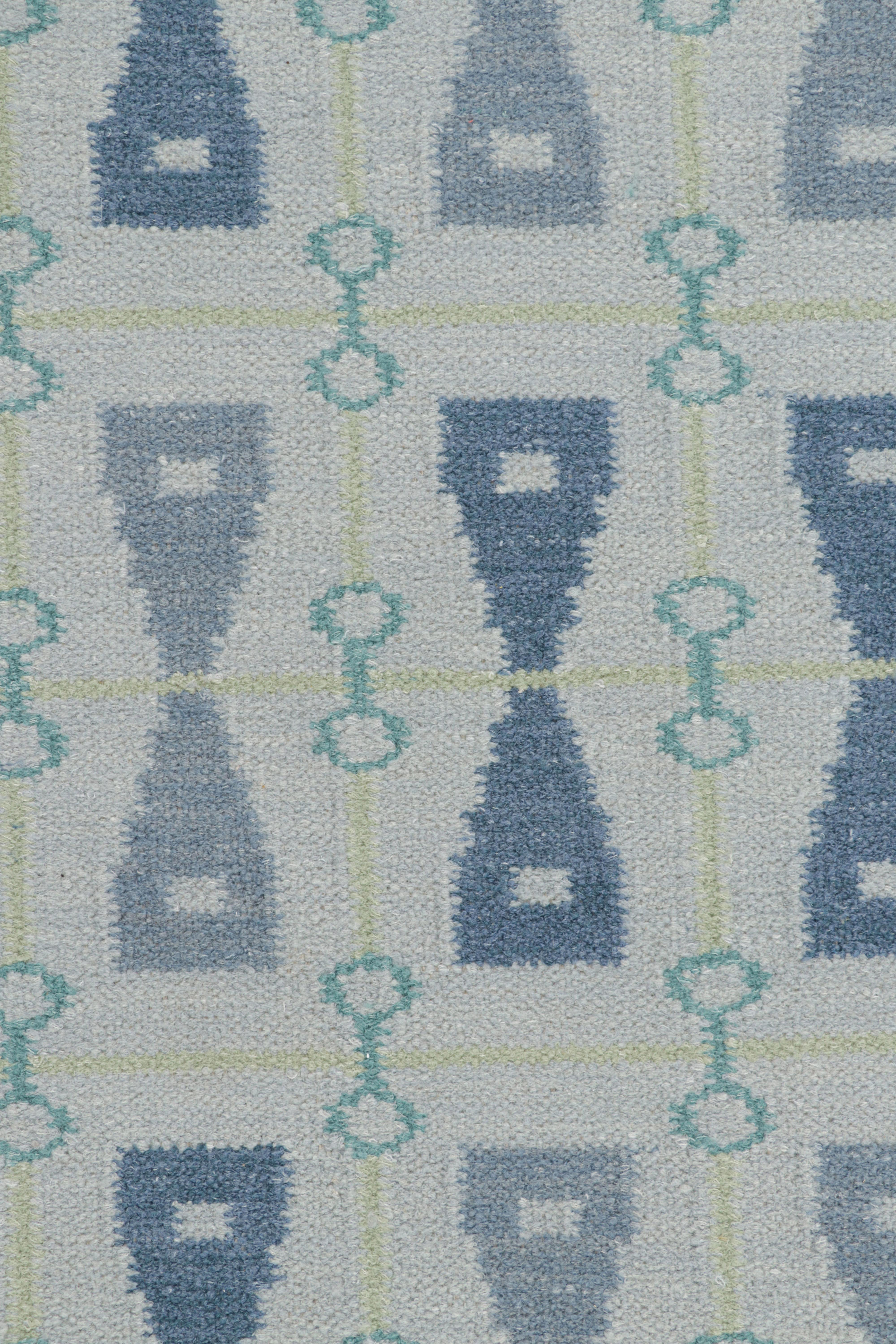 Modern Rug & Kilim’s Scandinavian Style Rug in Blue Tones with Hourglass Patterns For Sale