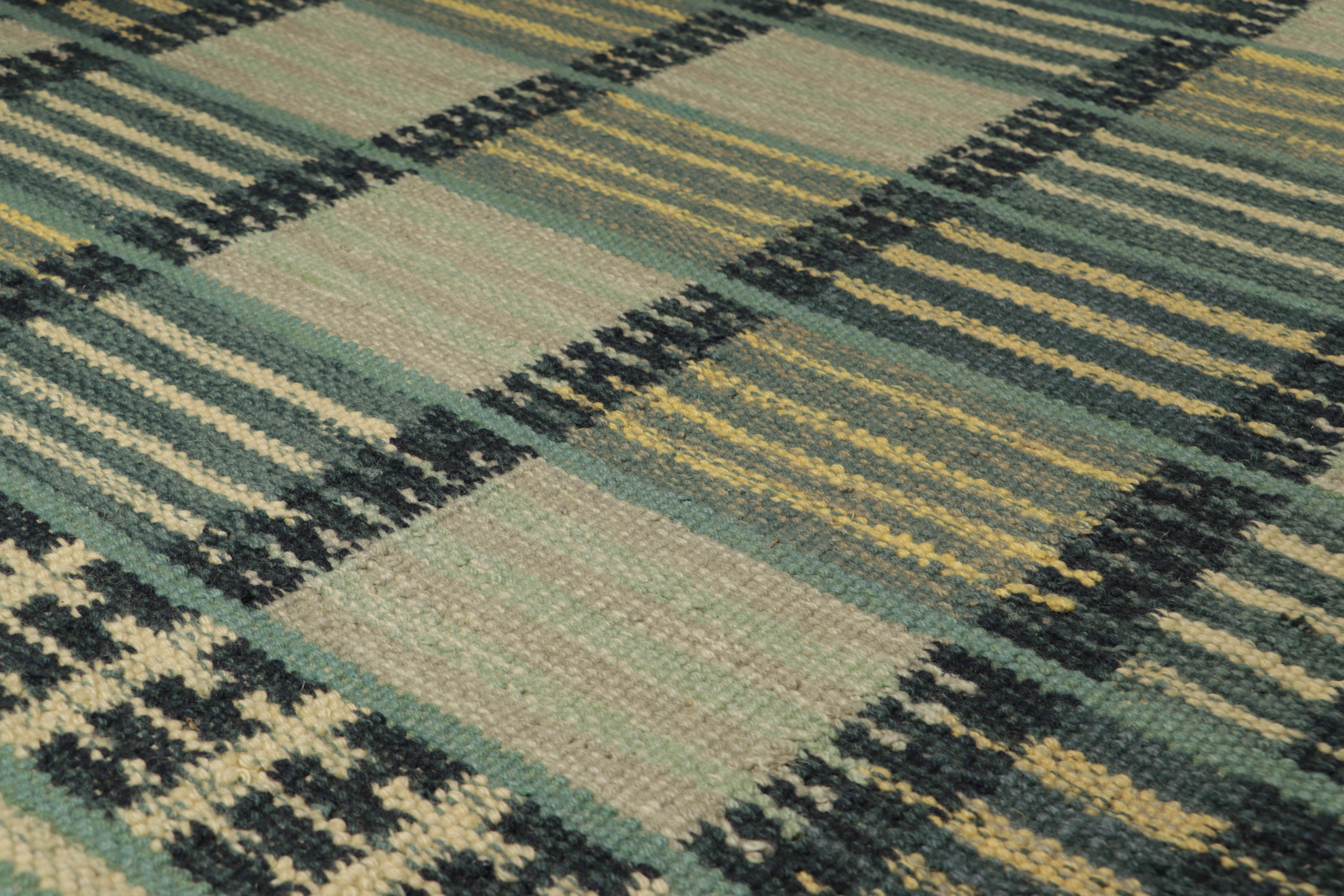 From an exciting new collection of gift-size pieces, this 4x6 Swedish-style accent rug is a bold new addition to the Scandinavian Collection by Rug & Kilim. Handwoven in a wool flatweave with undyed natural yarns as well, its design is inspired by