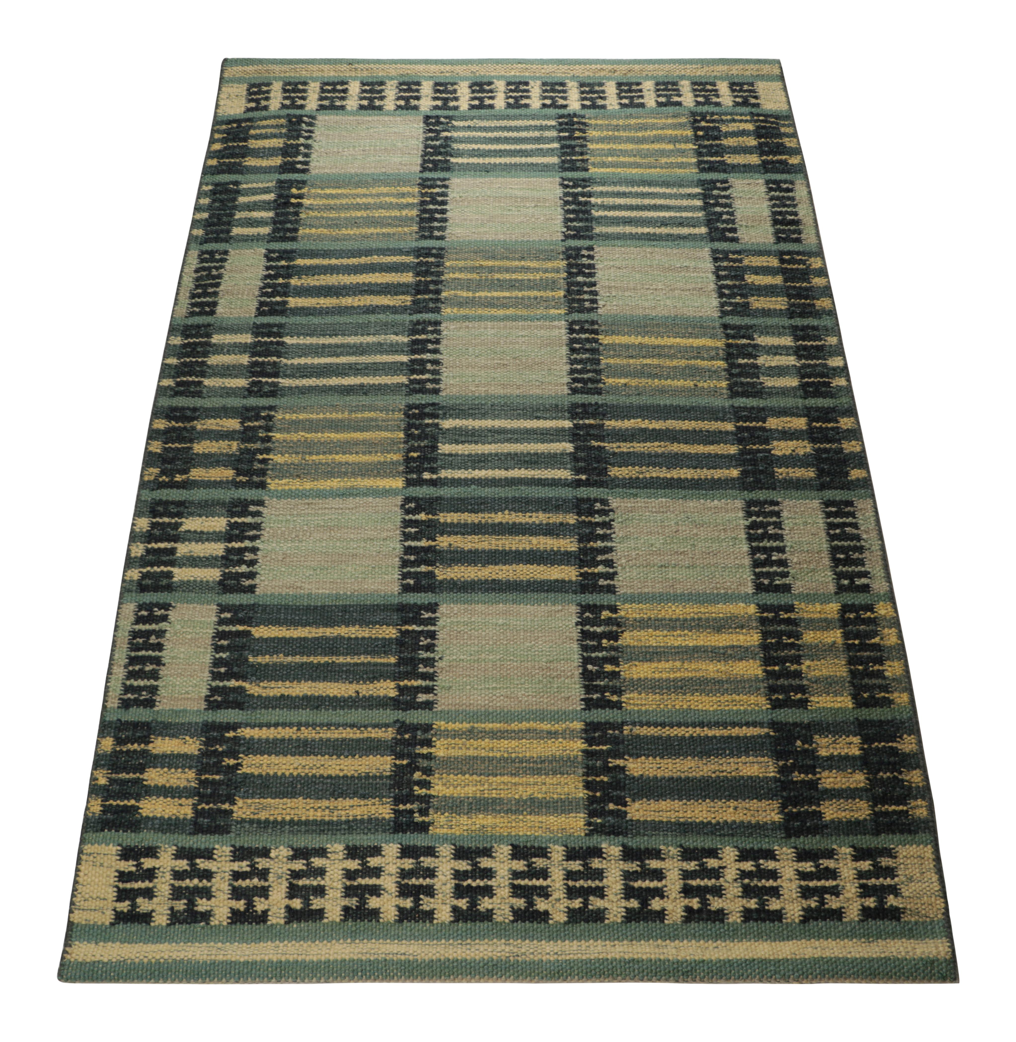 Indian Rug & Kilim’s Scandinavian Style Rug in Blue Tones, with Stripes and Patterns For Sale