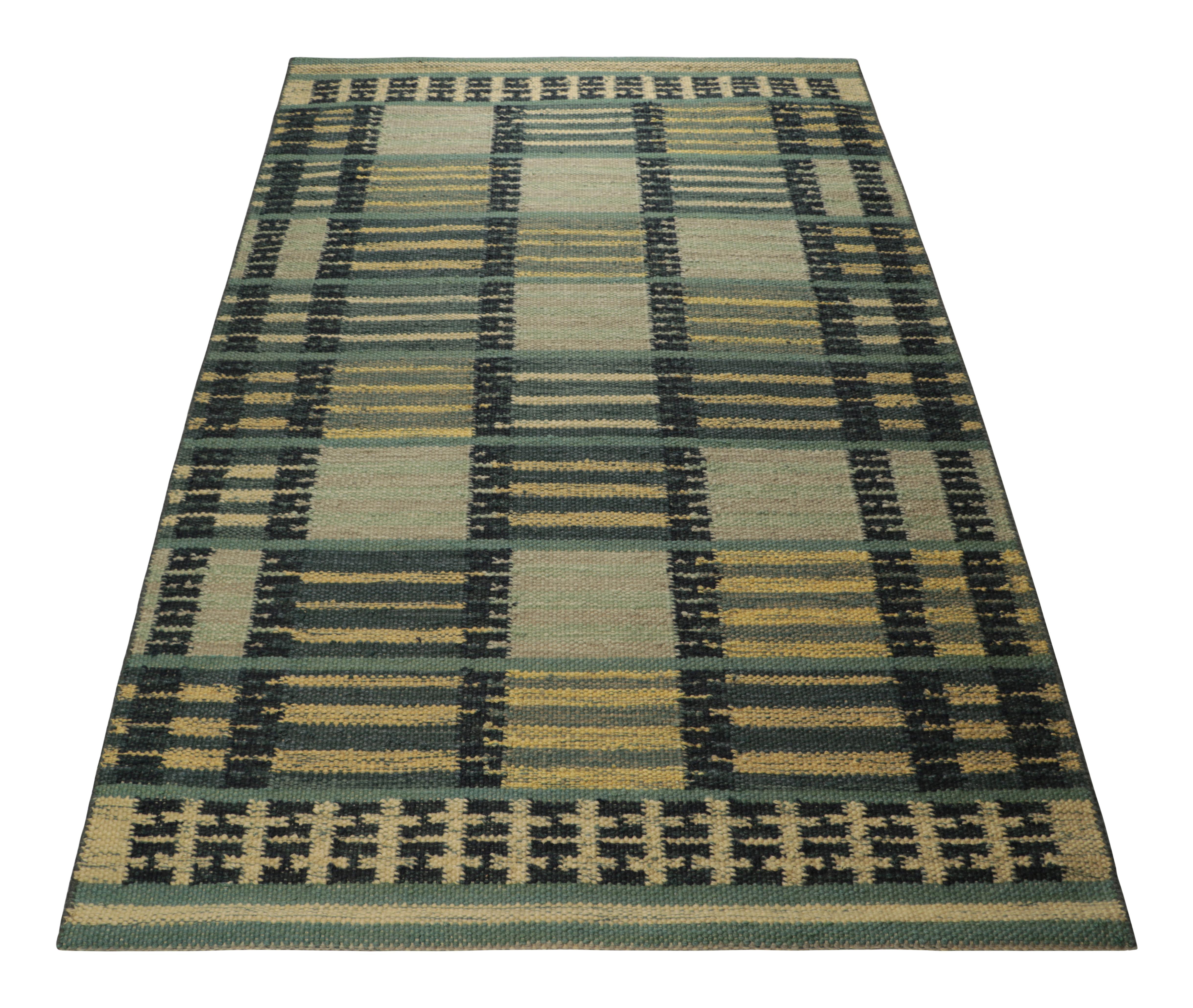 Hand-Woven Rug & Kilim’s Scandinavian Style Rug in Blue Tones, with Stripes and Patterns For Sale