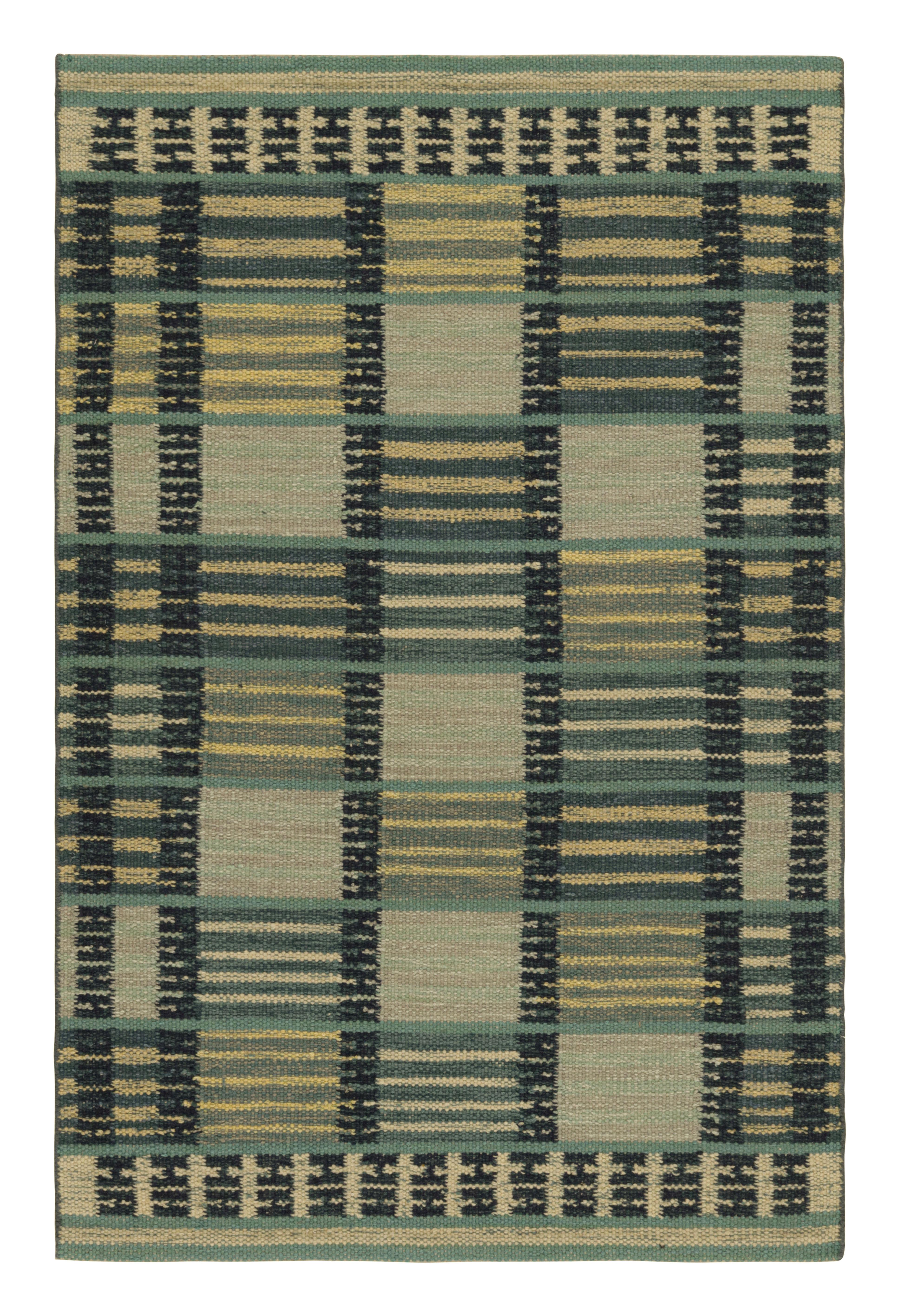 Rug & Kilim’s Scandinavian Style Rug in Blue Tones, with Stripes and Patterns