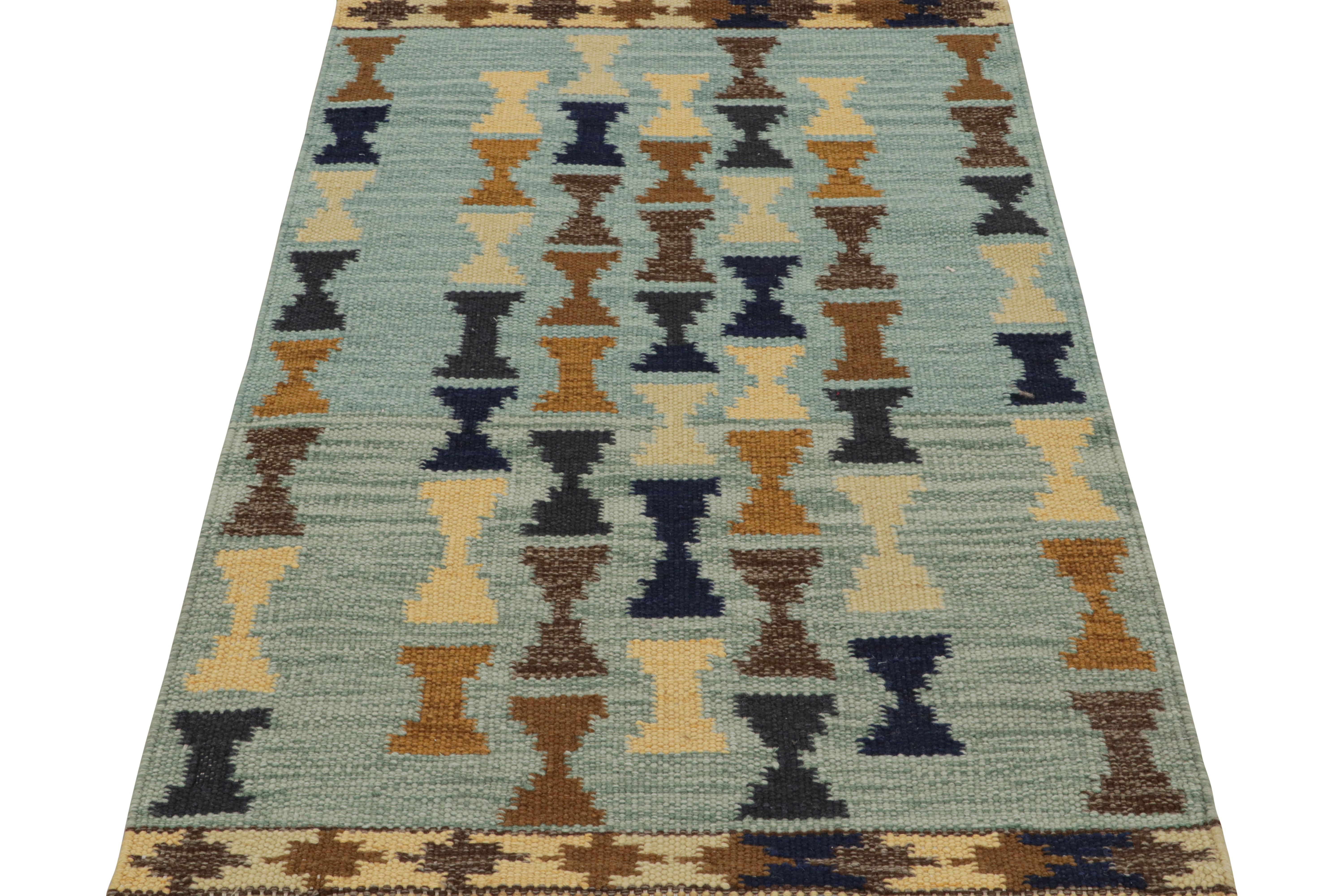 Modern Rug & Kilim’s Scandinavian Style Rug in Blue with Beige-Brown Geometric Patterns For Sale