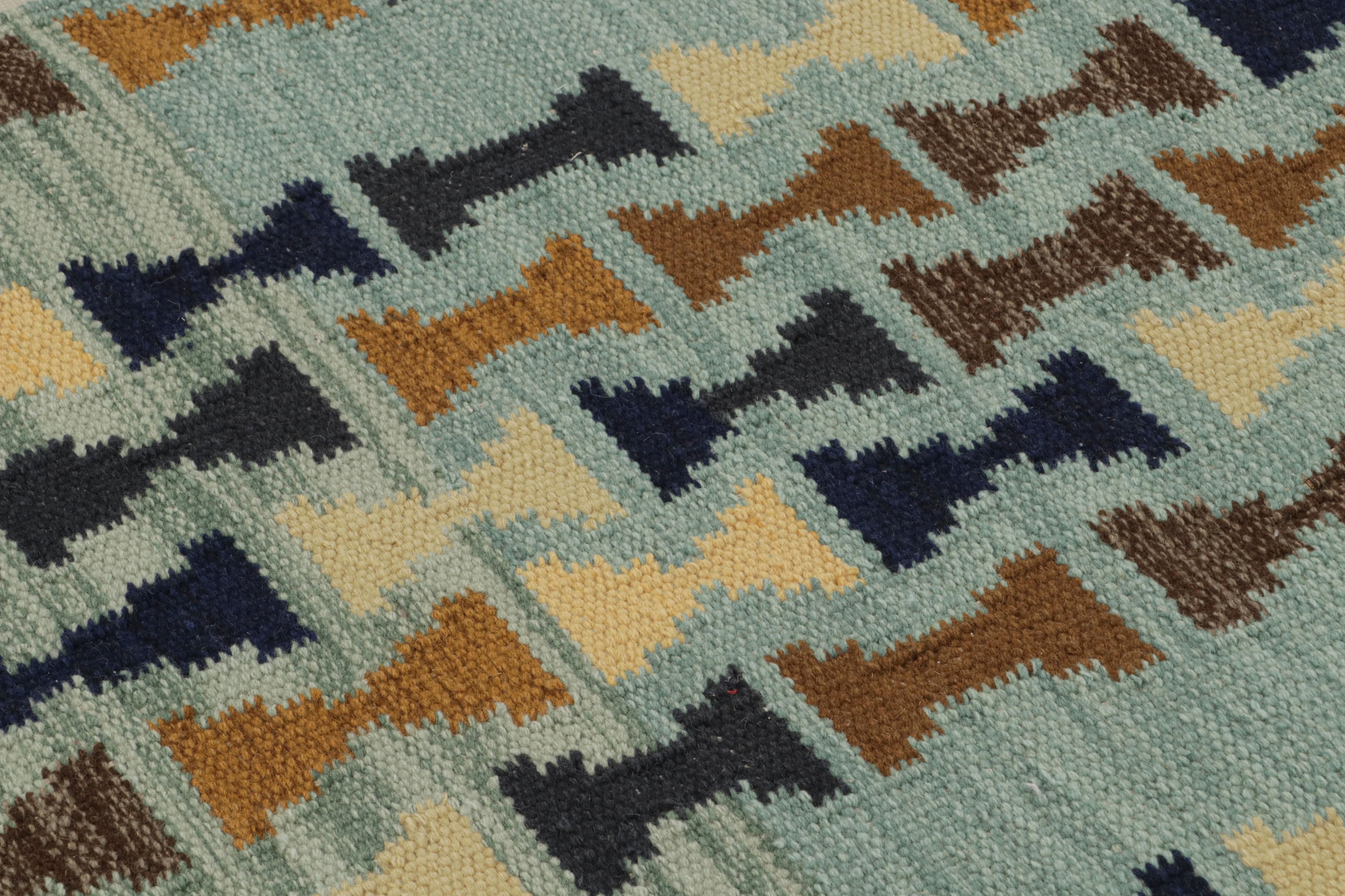 Indian Rug & Kilim’s Scandinavian Style Rug in Blue with Beige-Brown Geometric Patterns For Sale