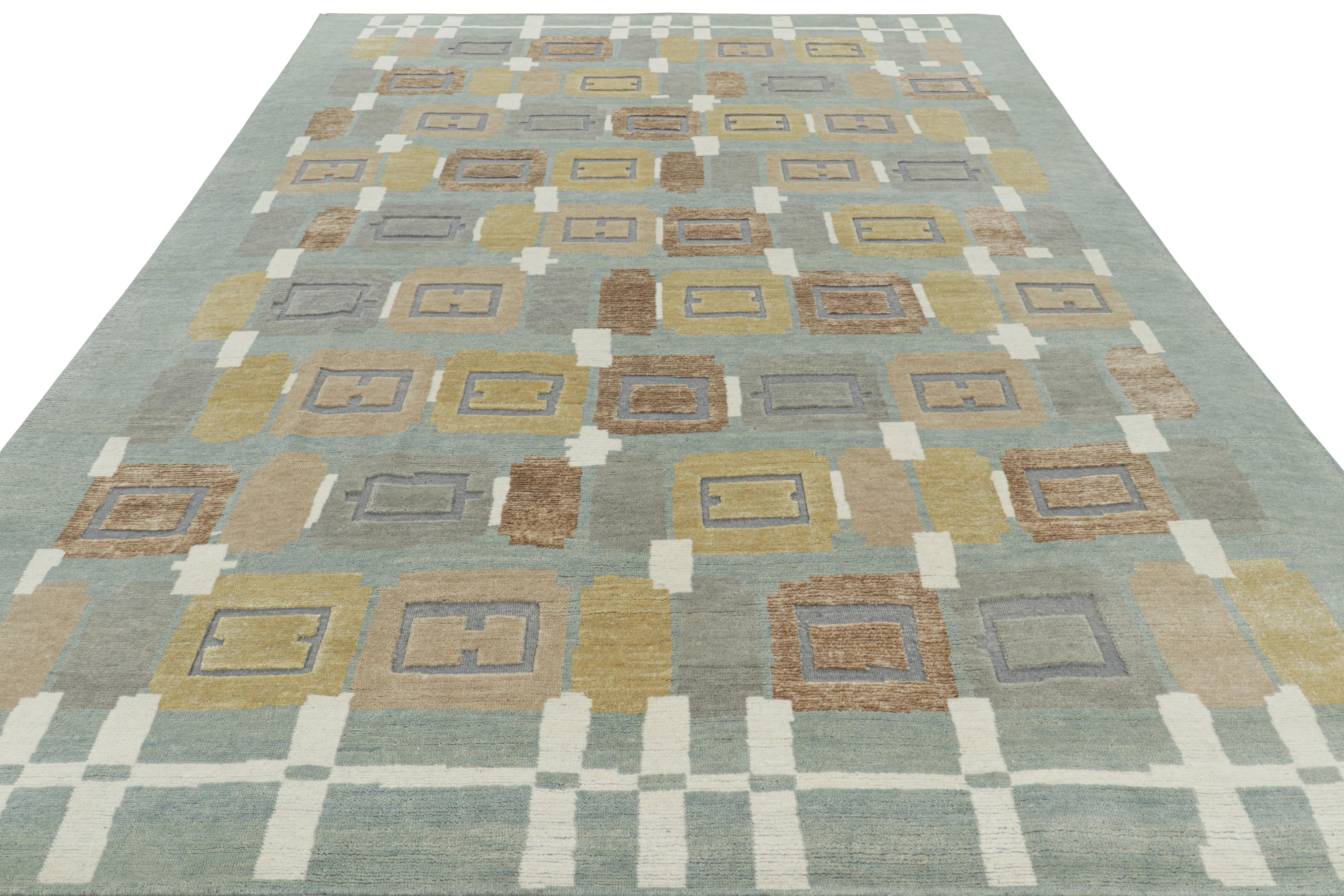 Indien Rug & Kilim's Scandinavian Style Rug in Blue with Beige-Brown Geometric Patterns (tapis de style scandinave en bleu avec des motifs géométriques beige et marron) en vente