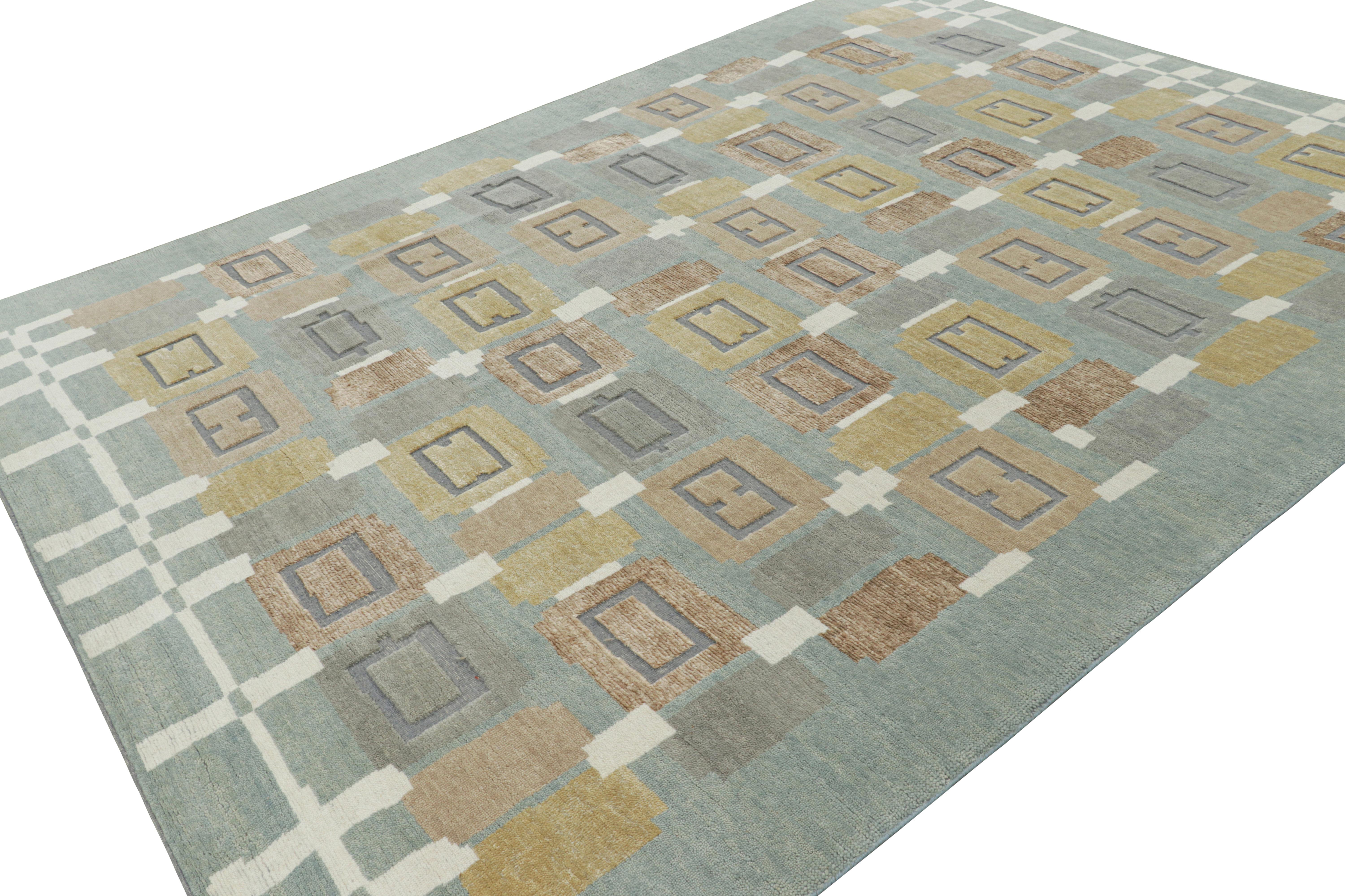 Noué à la main Rug & Kilim's Scandinavian Style Rug in Blue with Beige-Brown Geometric Patterns (tapis de style scandinave en bleu avec des motifs géométriques beige et marron) en vente