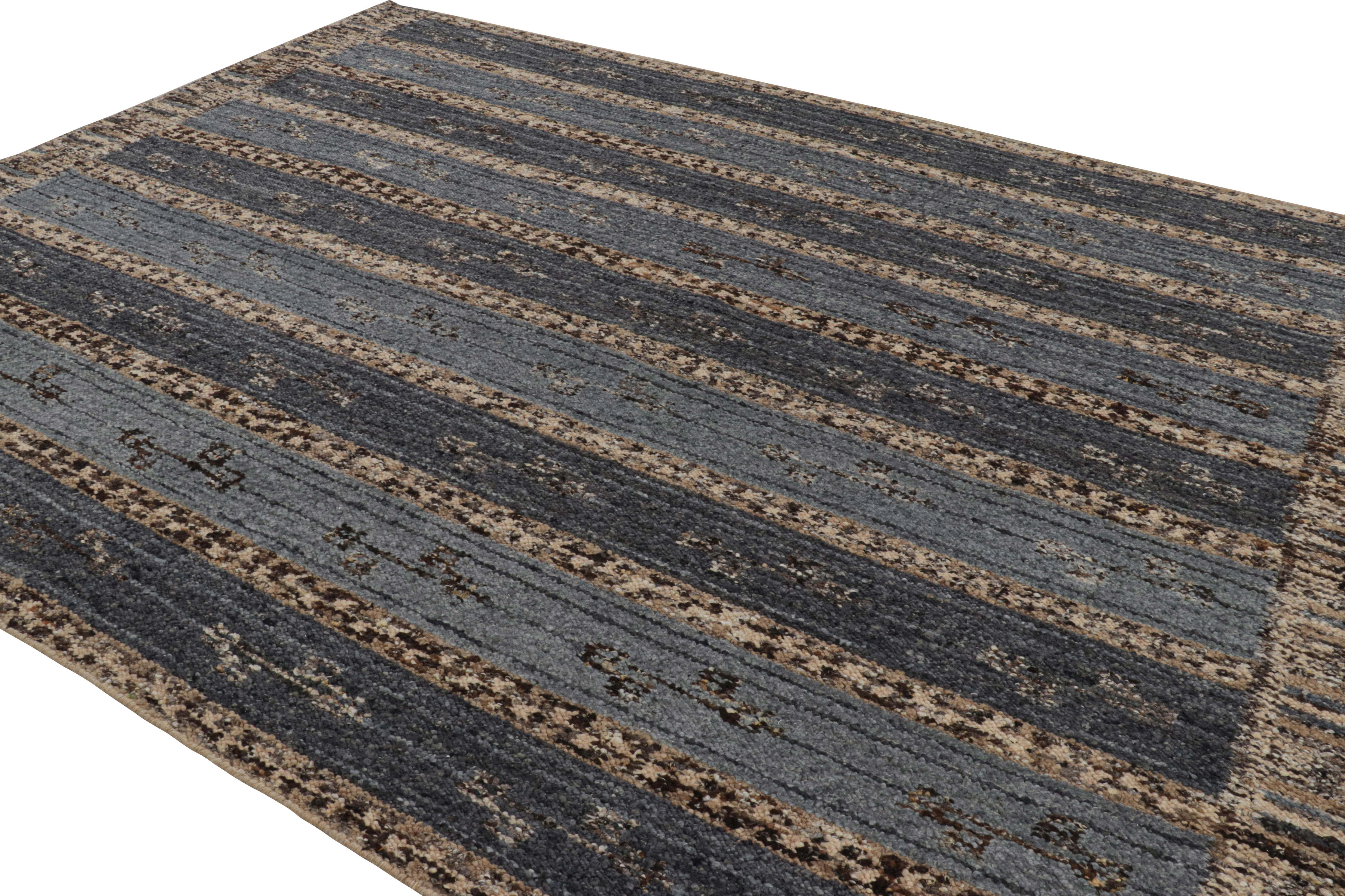 Indian Rug & Kilim’s Scandinavian Style Rug in Blue with Beige-Brown Stripes For Sale