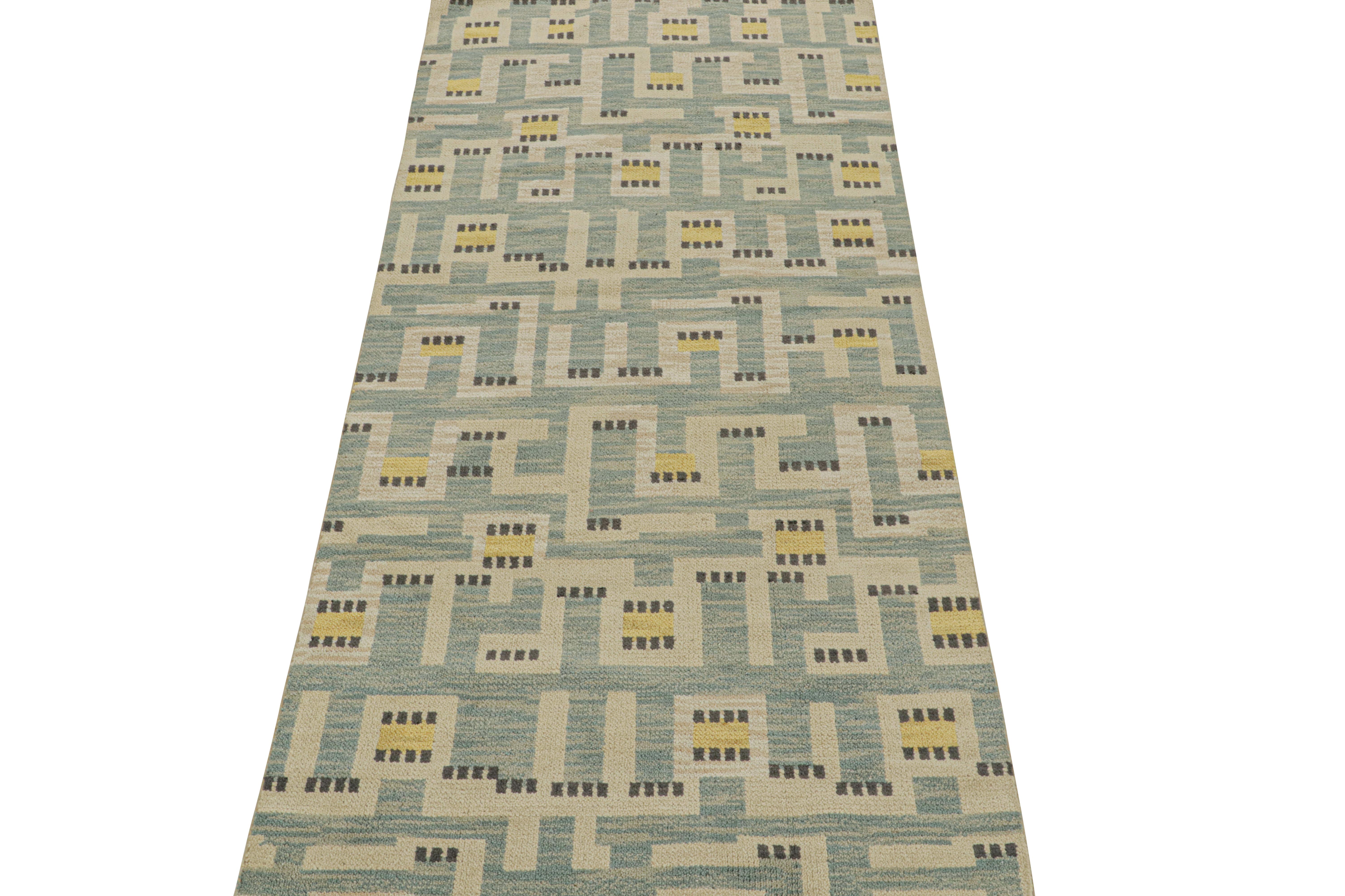 This 4x9 rug is a new addition to the Scandinavian Collection by Rug & Kilim. hand knotted in wool, its design reflects a contemporary take on Swedish Deco style.

Further On the Design: 

This new runner reinvents vintage Rya rug styles in ways