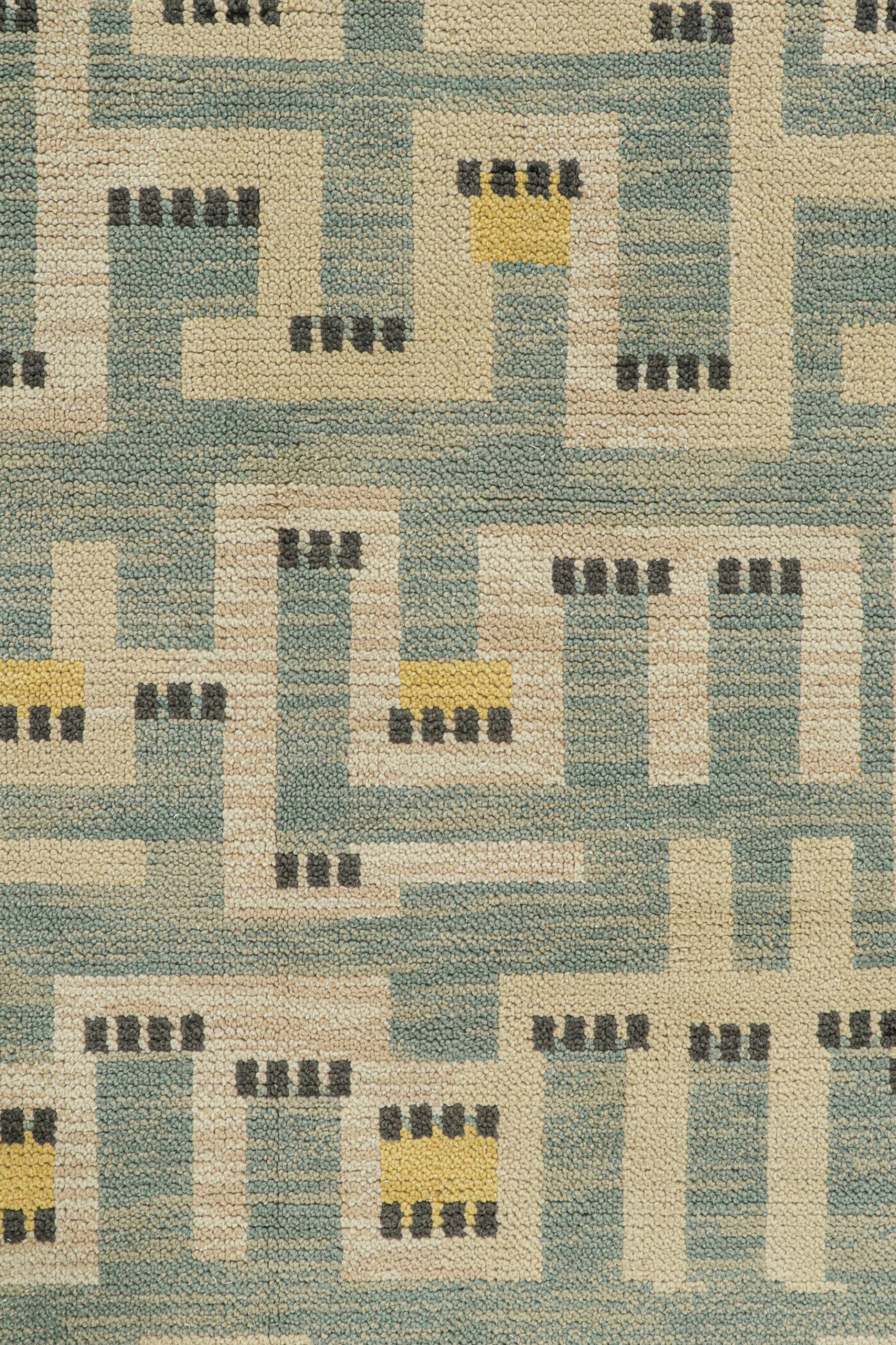 Rug & Kilim’s Scandinavian Style Rug in Blue with Beige & Gold Geometric Pattern In New Condition For Sale In Long Island City, NY