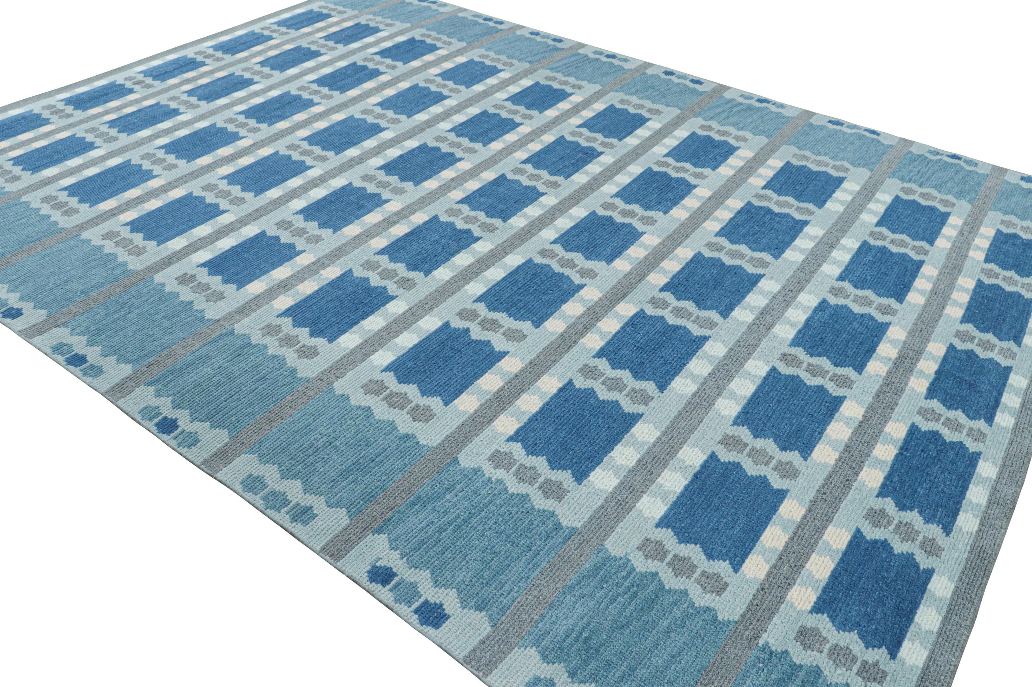Hand-Knotted Rug & Kilim’s Scandinavian Style Rug in Blue with Geometric Pattern For Sale