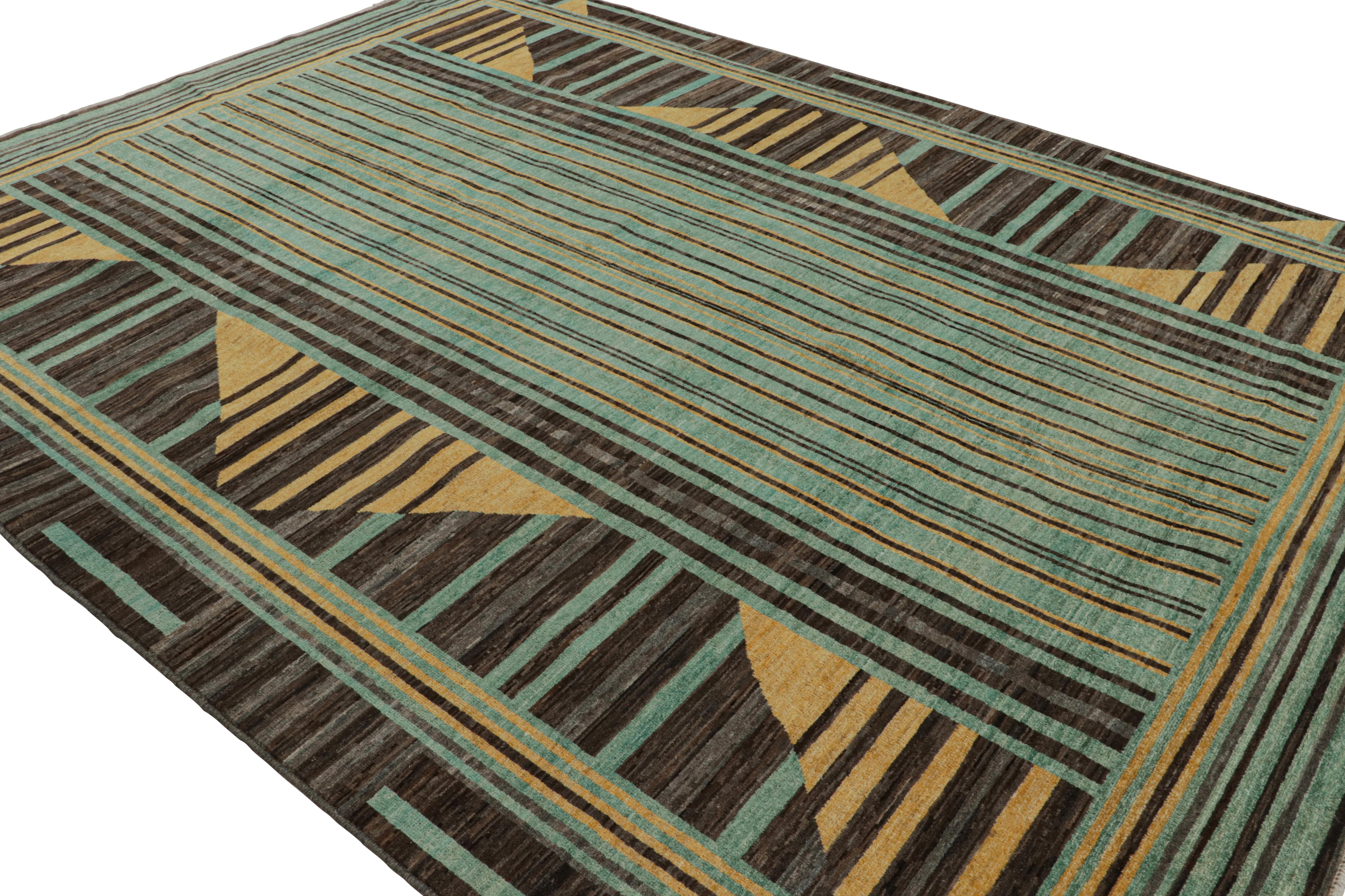 Hand-knotted in wool, this 9x12 Scandinavian rug with dynamic geometric patterns has been inspired by vintage Swedish Deco rugs in the Rya and Rollakhan style. 

On the Design: 

This Scandinavian masterpiece favors dynamic geometry with a sense of