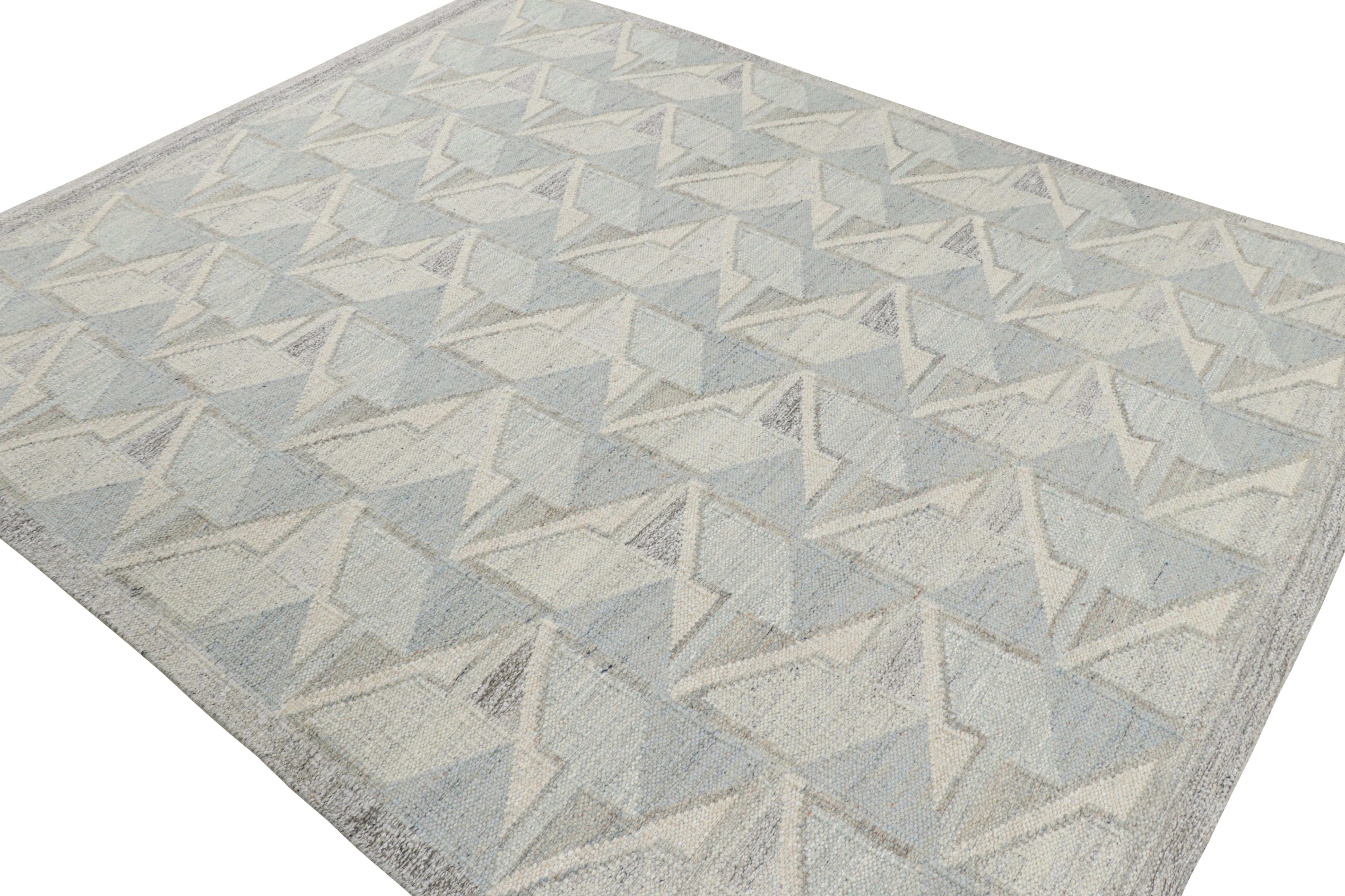Indian Rug & Kilim’s Scandinavian Style Rug in Blue with Gray-White Geometric Patterns For Sale