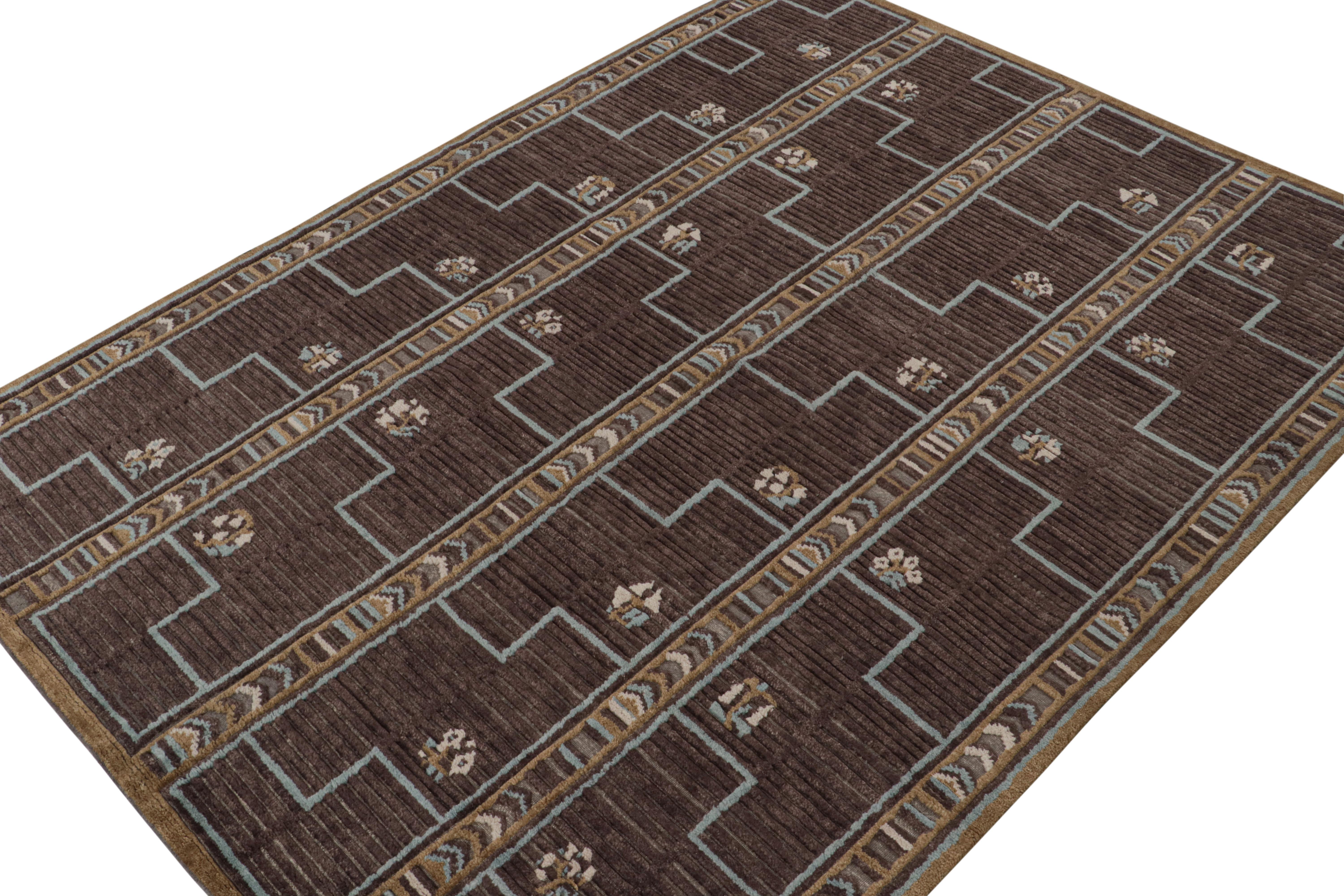 A smart 9x12 Swedish style rug from our award-winning Scandinavian collection. Hand-knotted in wool.

On the Design: 

This rug enjoys geometric patterns in comfortable brown, blue & gold. A keen eye would note a subtle high low element for a smart