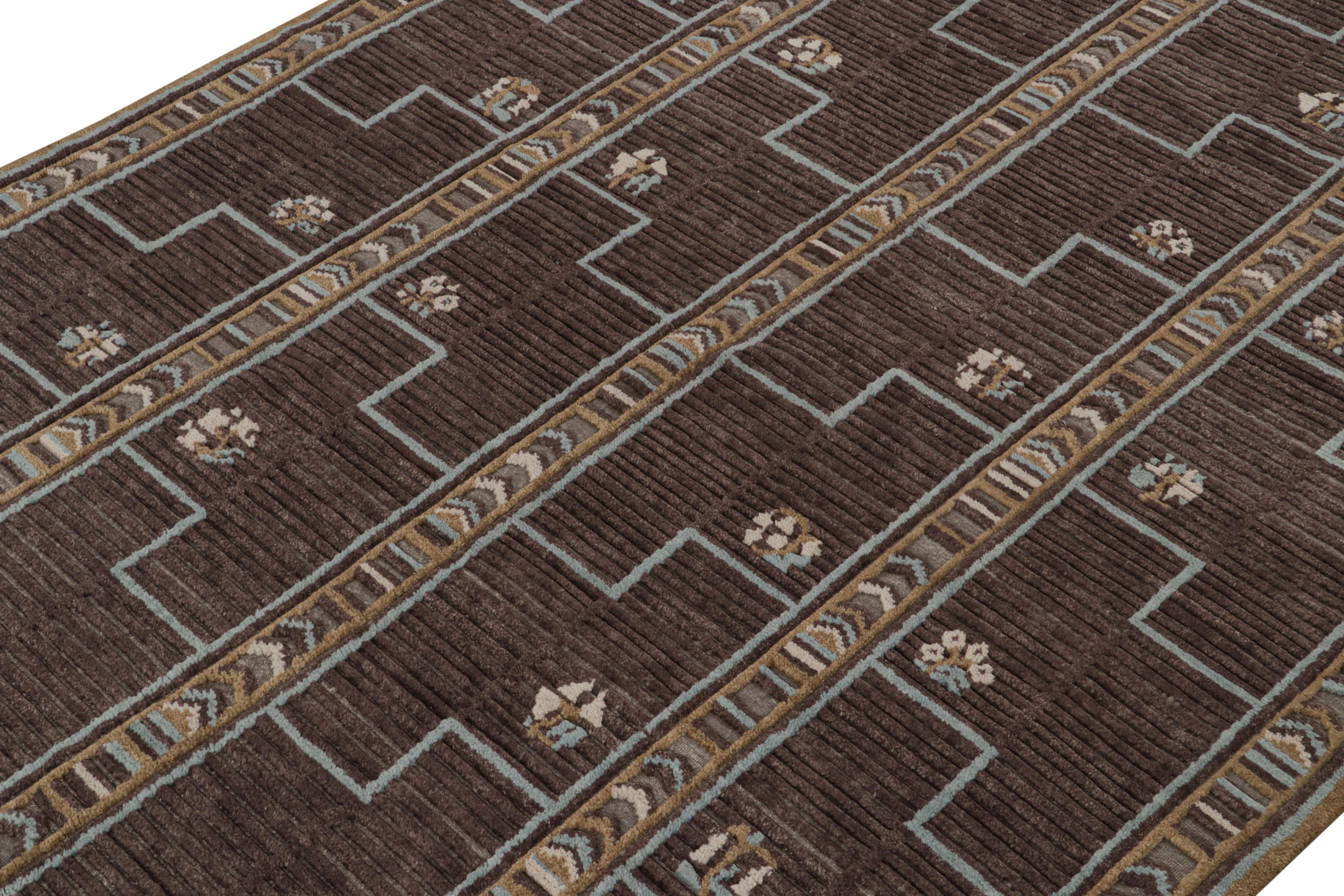 Indian Rug & Kilim’s Scandinavian Style Rug in Brown, Blue & Gold Patterns For Sale