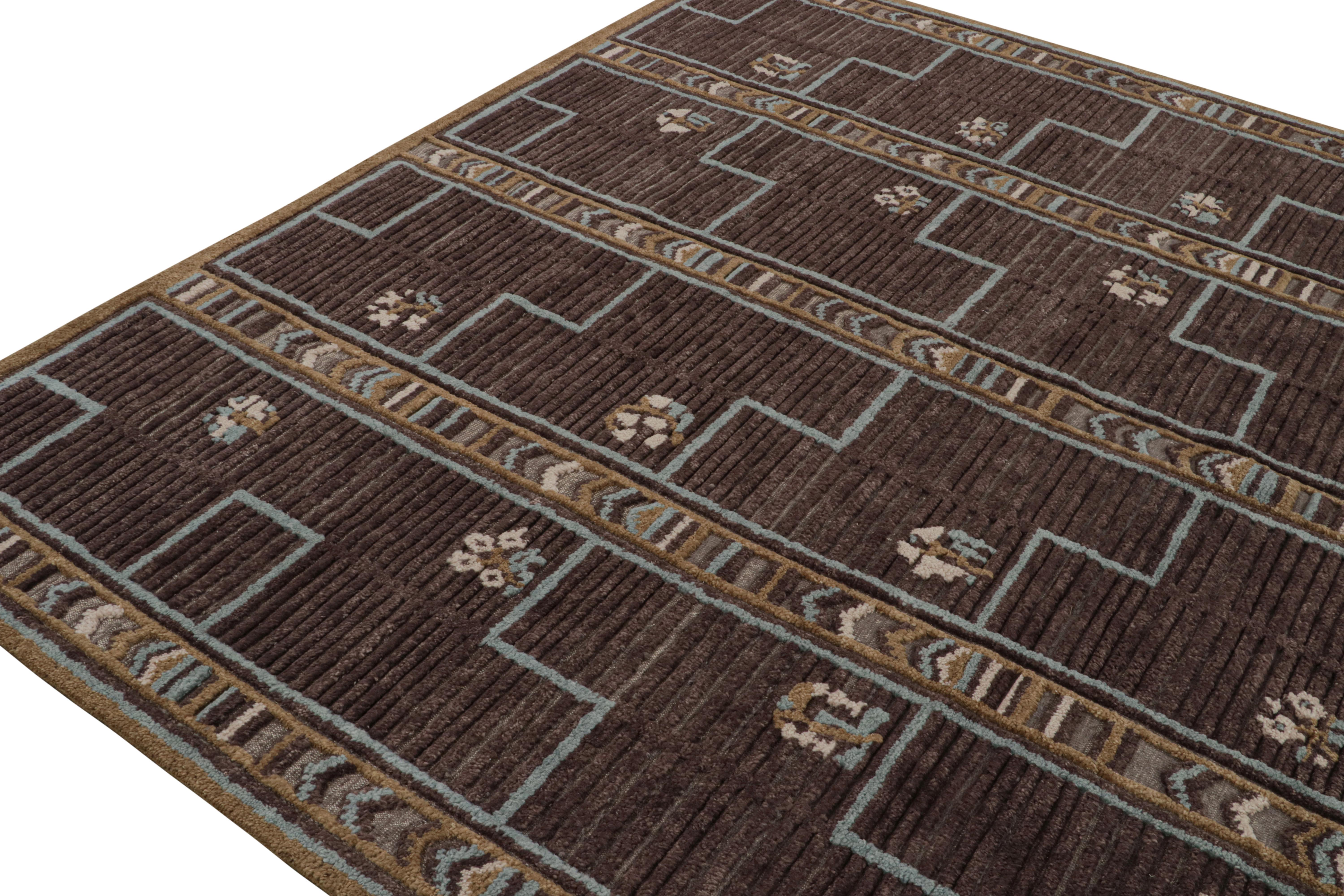 Hand-Knotted Rug & Kilim’s Scandinavian Style Rug in Brown, Blue & Gold Patterns For Sale
