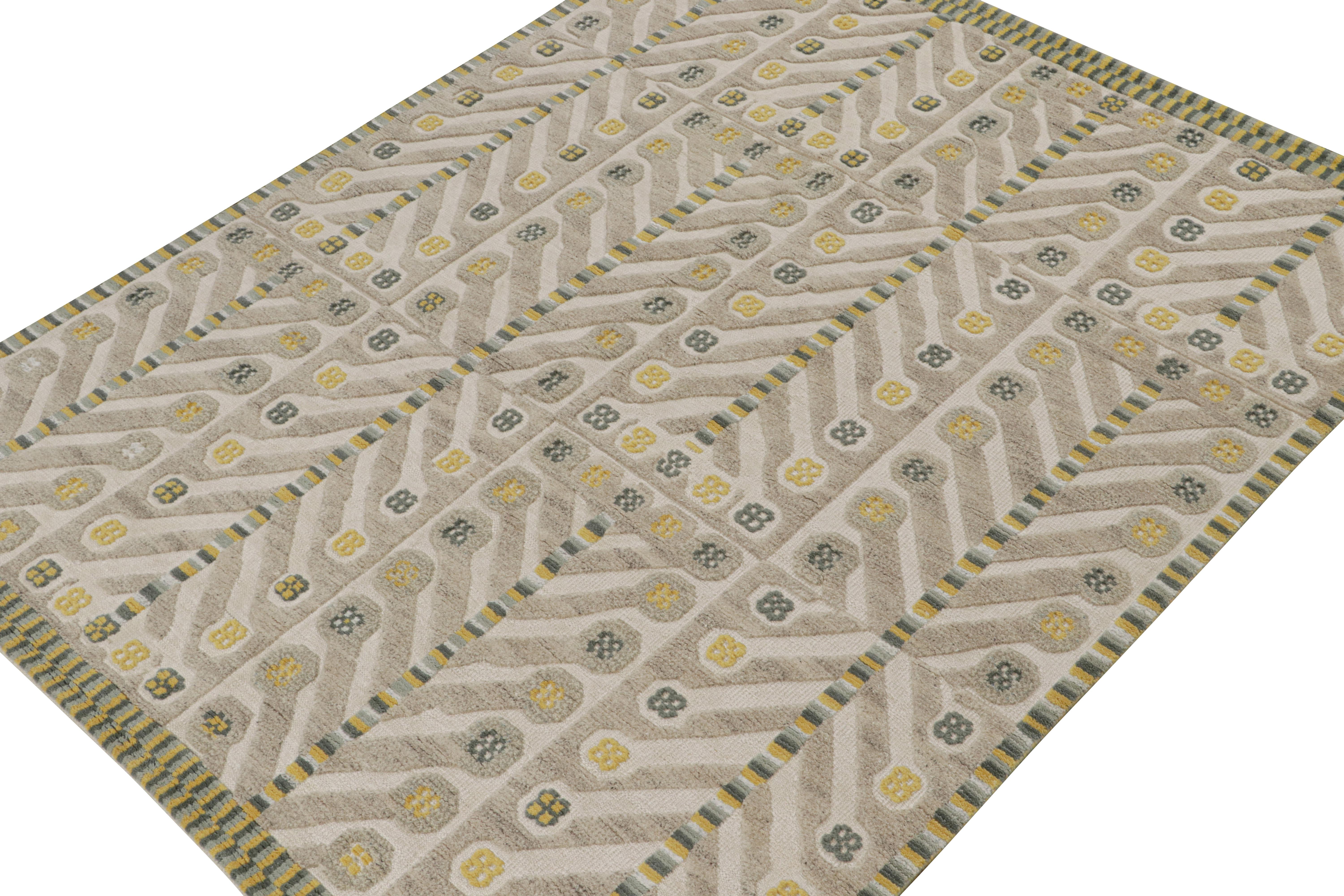 A smart 8x10 Swedish style rug from our award-winning Scandinavian collection. Hand-knotted in wool.

On the Design: 

This rug enjoys geometric patterns in comfortable brown, gray-blue & gold. A keen eye would note a subtle high low element for a