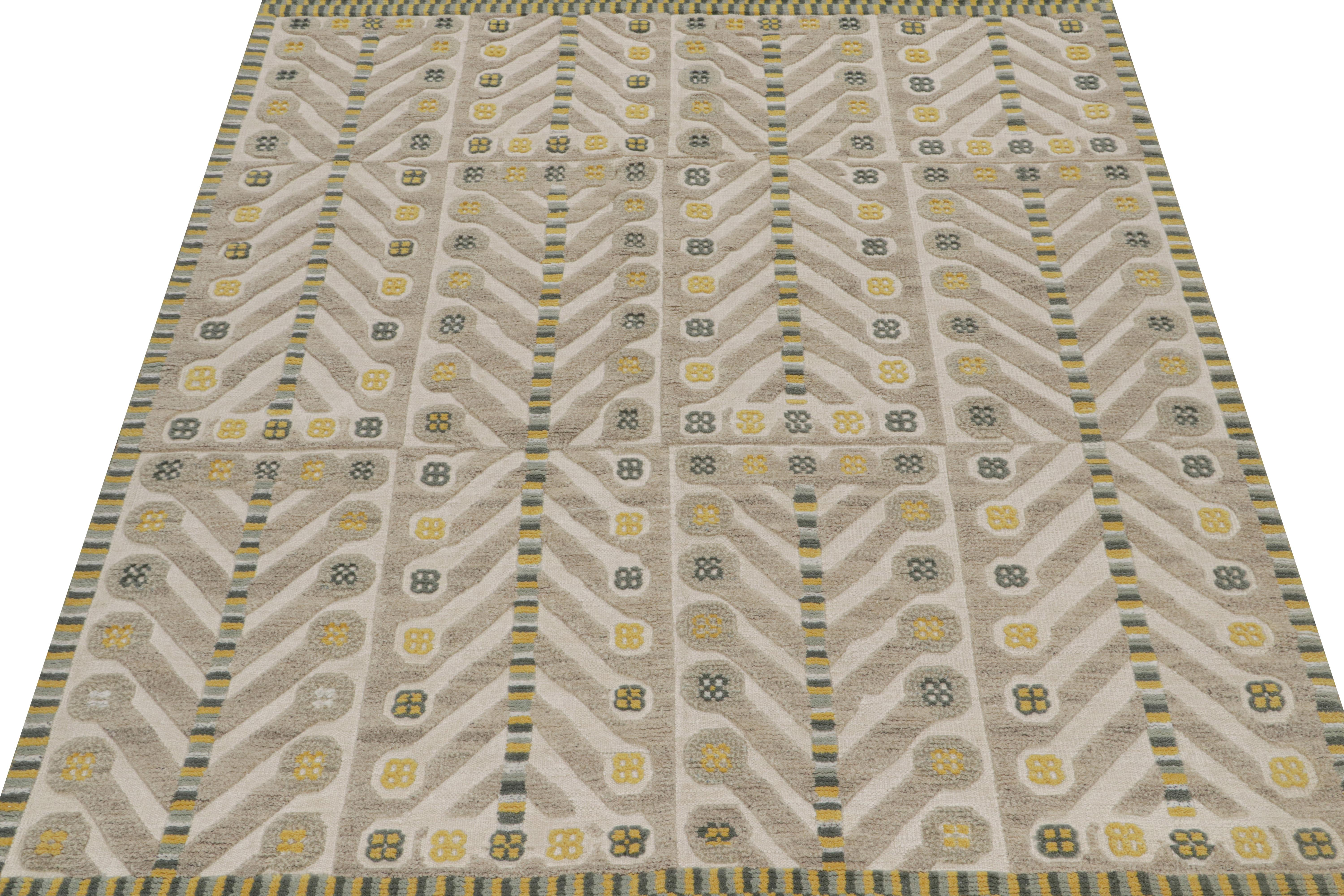 Modern Rug & Kilim’s Scandinavian Style Rug in Brown, gray-Blue & Gold Patterns For Sale