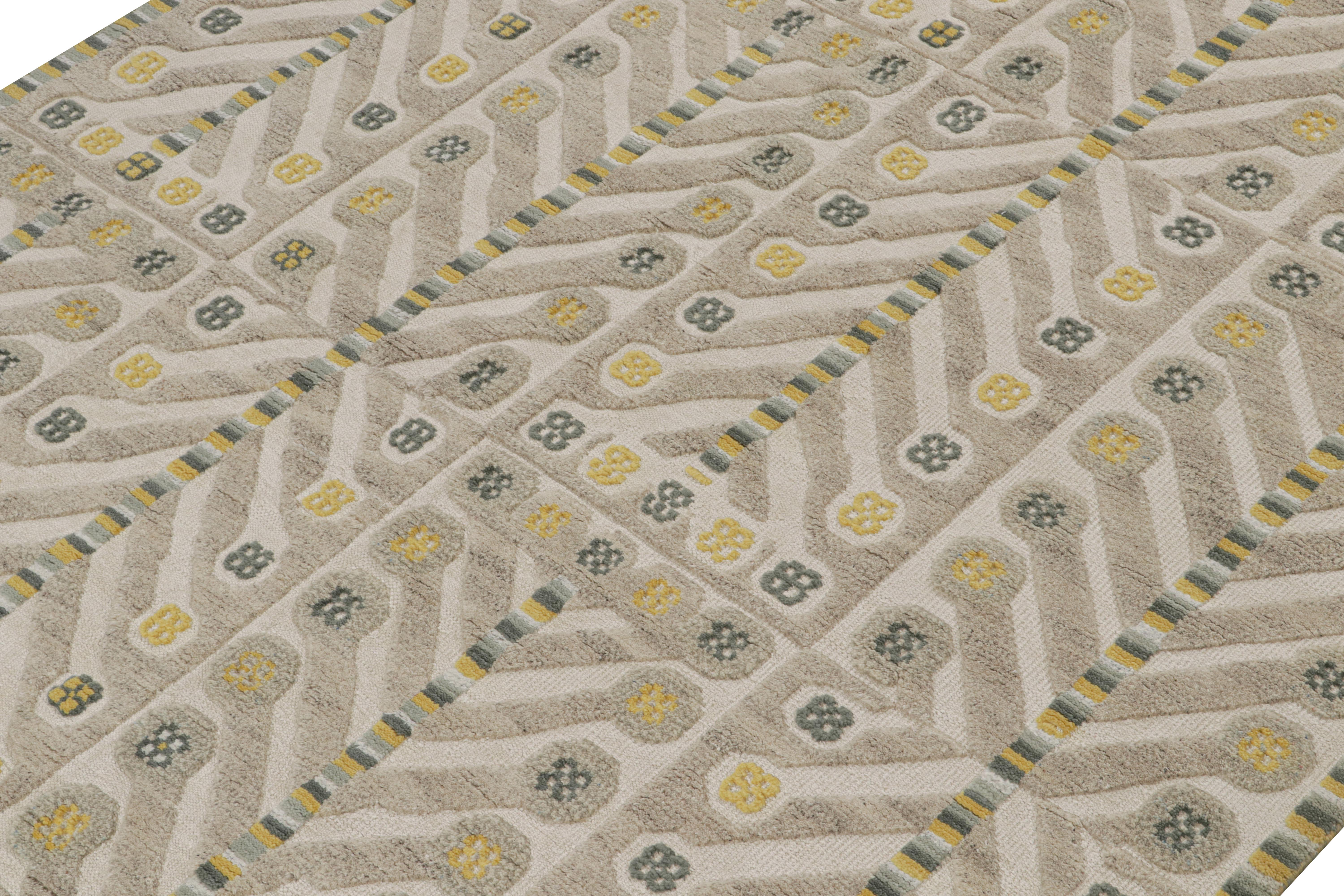 Indien Rug & Kilim’s Scandinavian Style Rug in Brown, gray-Blue & Gold Patterns en vente